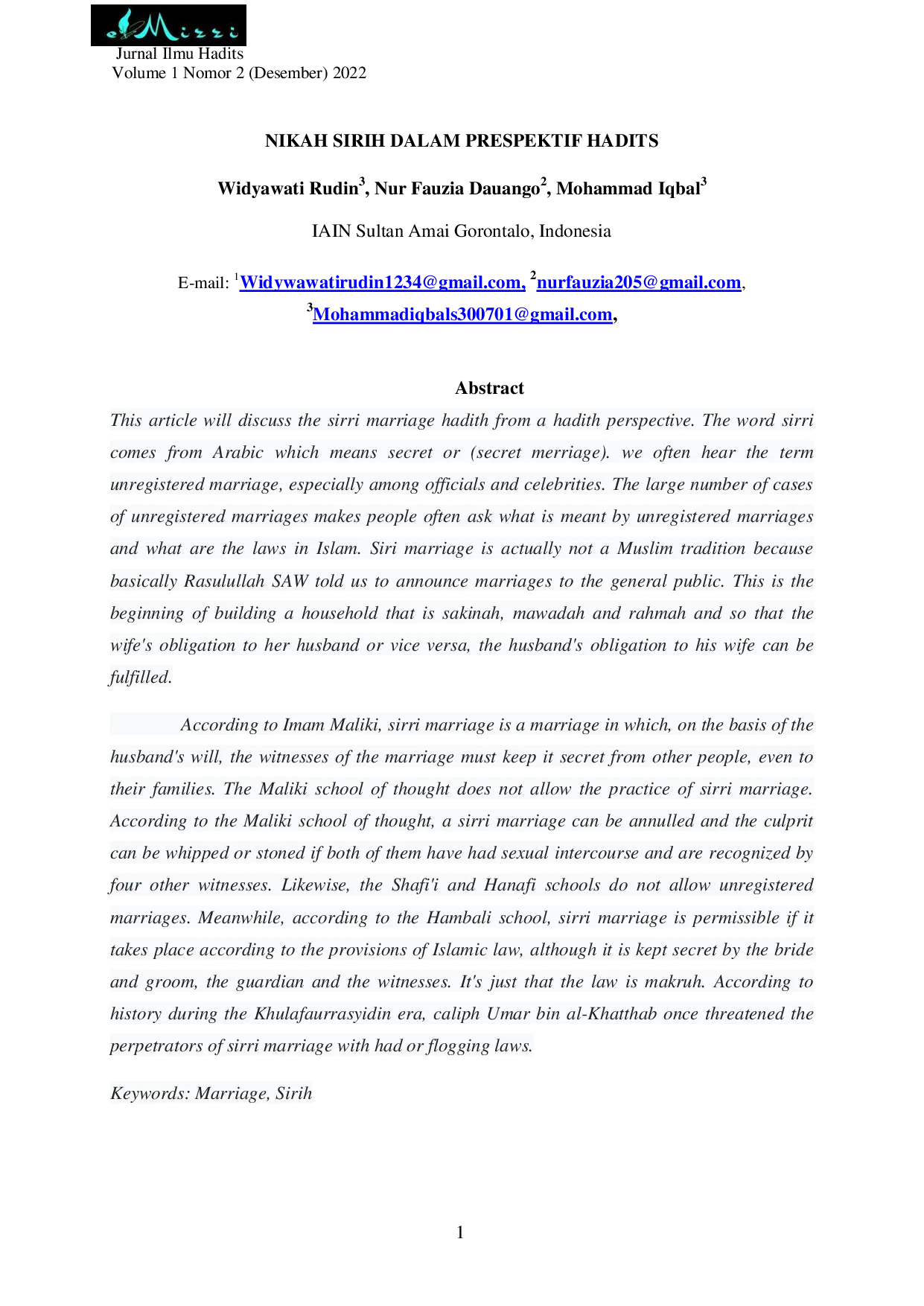 JURIS Nikah Sirih Dalam Perspektif Hadits