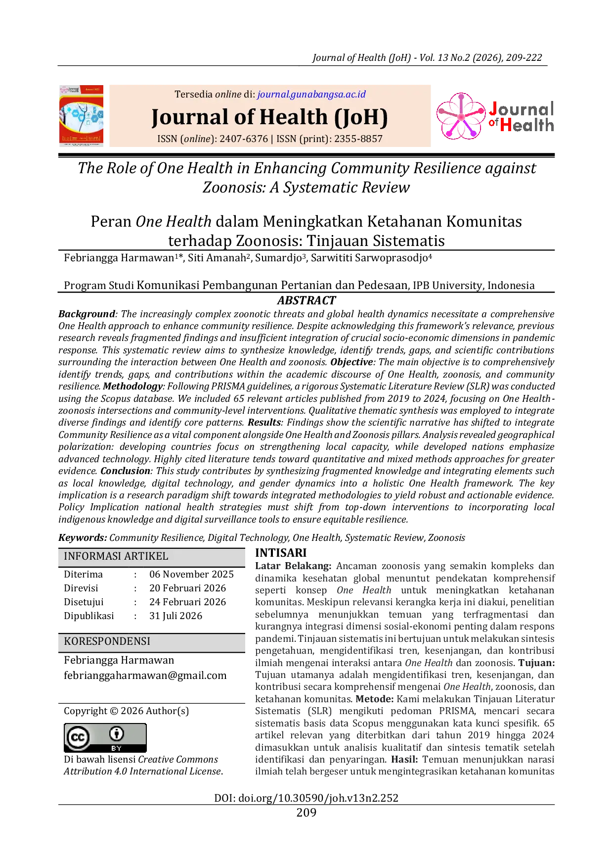 JURIS Peran One Health dalam Meningkatkan Ketahanan Komunitas terhadap Zoonosis Tinjauan Sistematis The Role of One Health in Enhancing Community Resilience against Zoonosis A Systematic Review