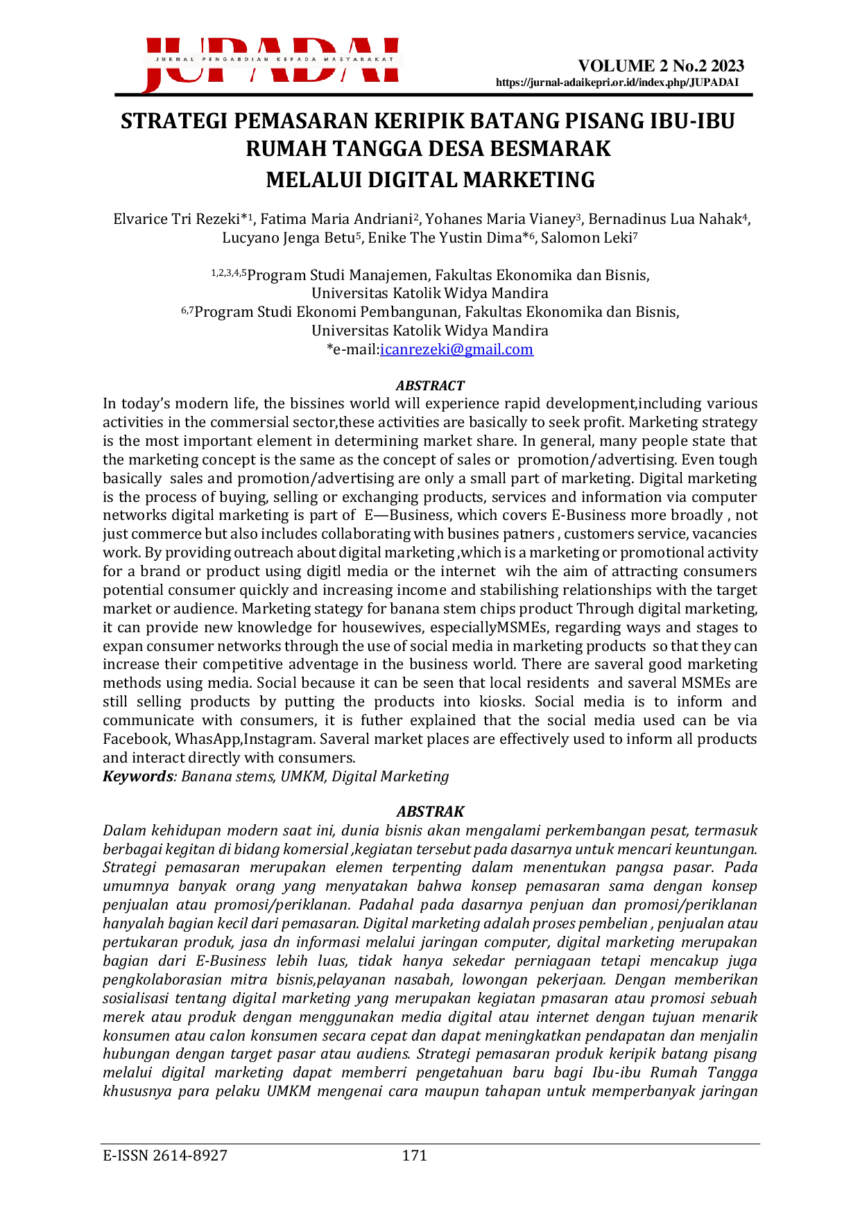 JURIS Strategi Pemasaran Keripik Batang Pisang Ibu Ibu Rumah Tangga Desa Besmarak Melalui Digital Marketing