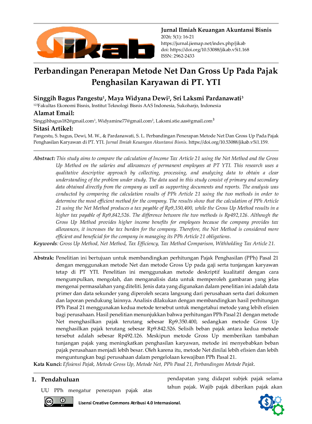 JURIS Perbandingan Penerapan Metode Net Dan Gross Up Pada Pajak Penghasilan Karyawan di PT YTI