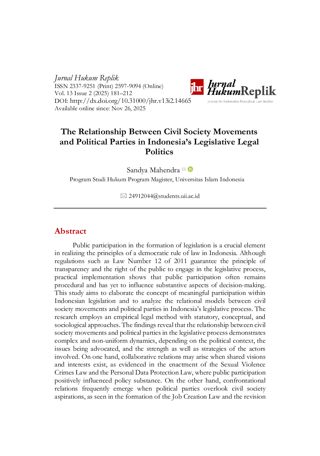JURIS The Relationship Between Civil Society Movements and Political Parties In The Legal Politics Of Legislation In Indonesia