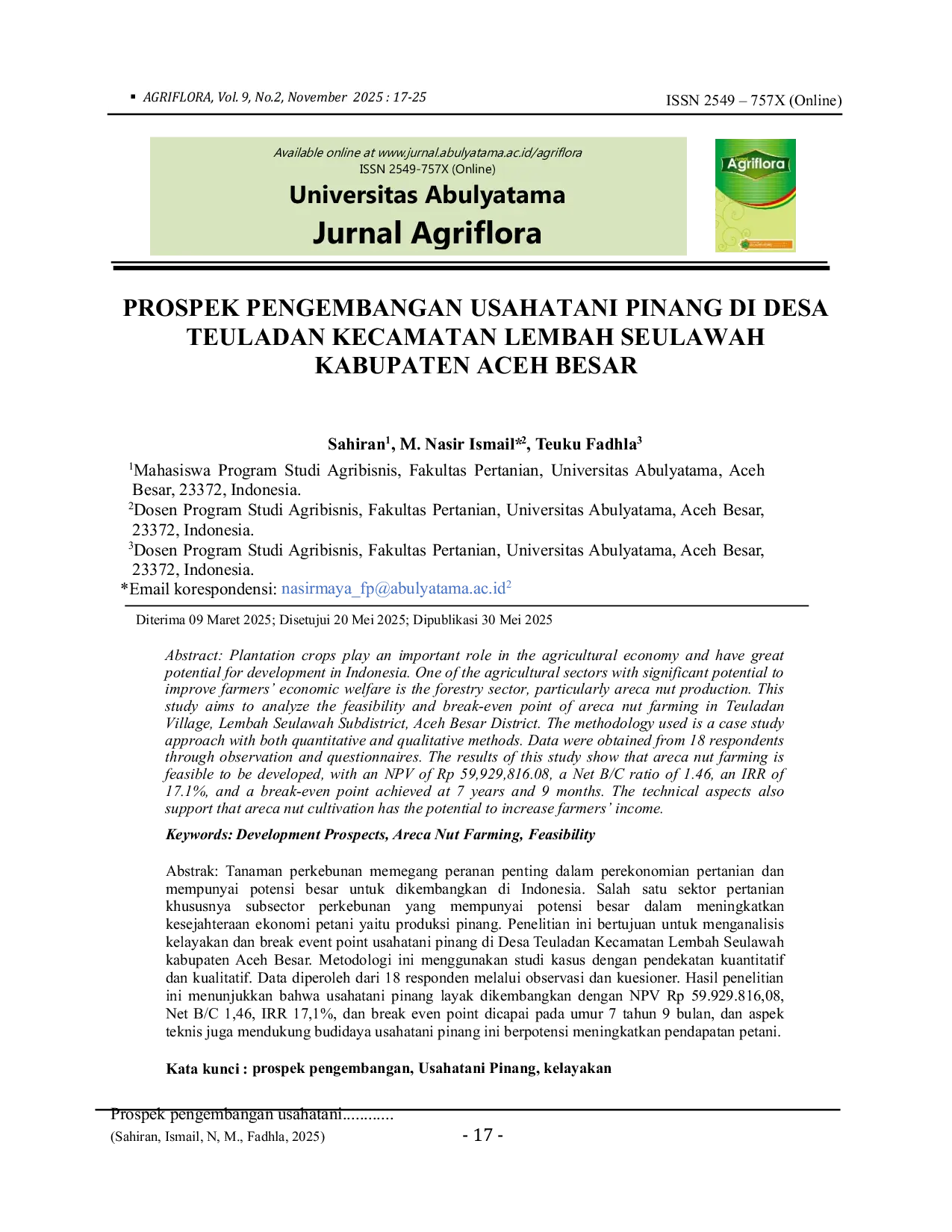 JURIS Prospek Pengembangan Usahatani Pinang di Desa Teuladan Kecamatan Lembah Seulawah Kabupaten Aceh Besar