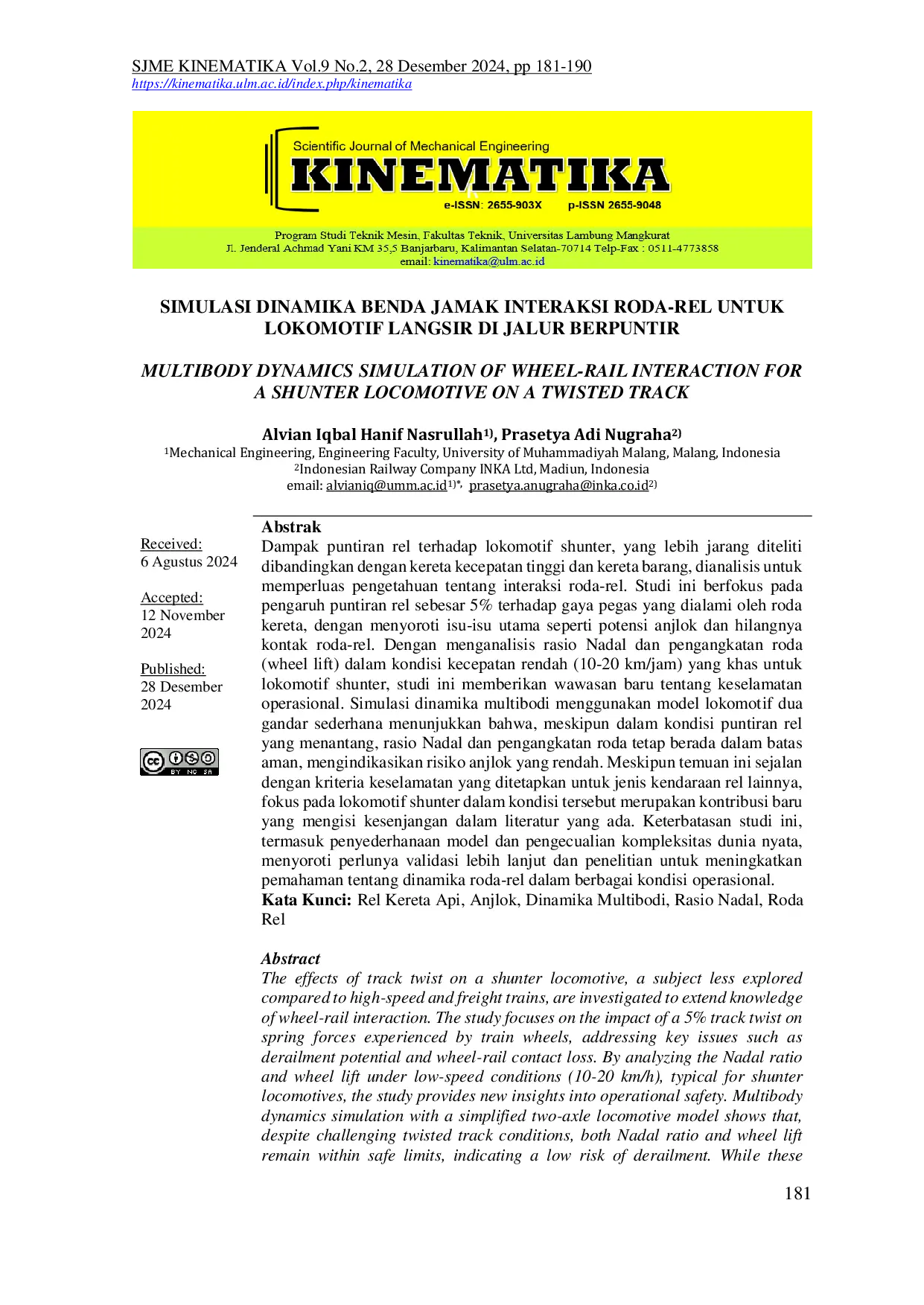 JURIS Simulasi Dinamika Benda Jamak Interaksi Roda Rel untuk Lokomotif Langsir di Jalur Berpuntir