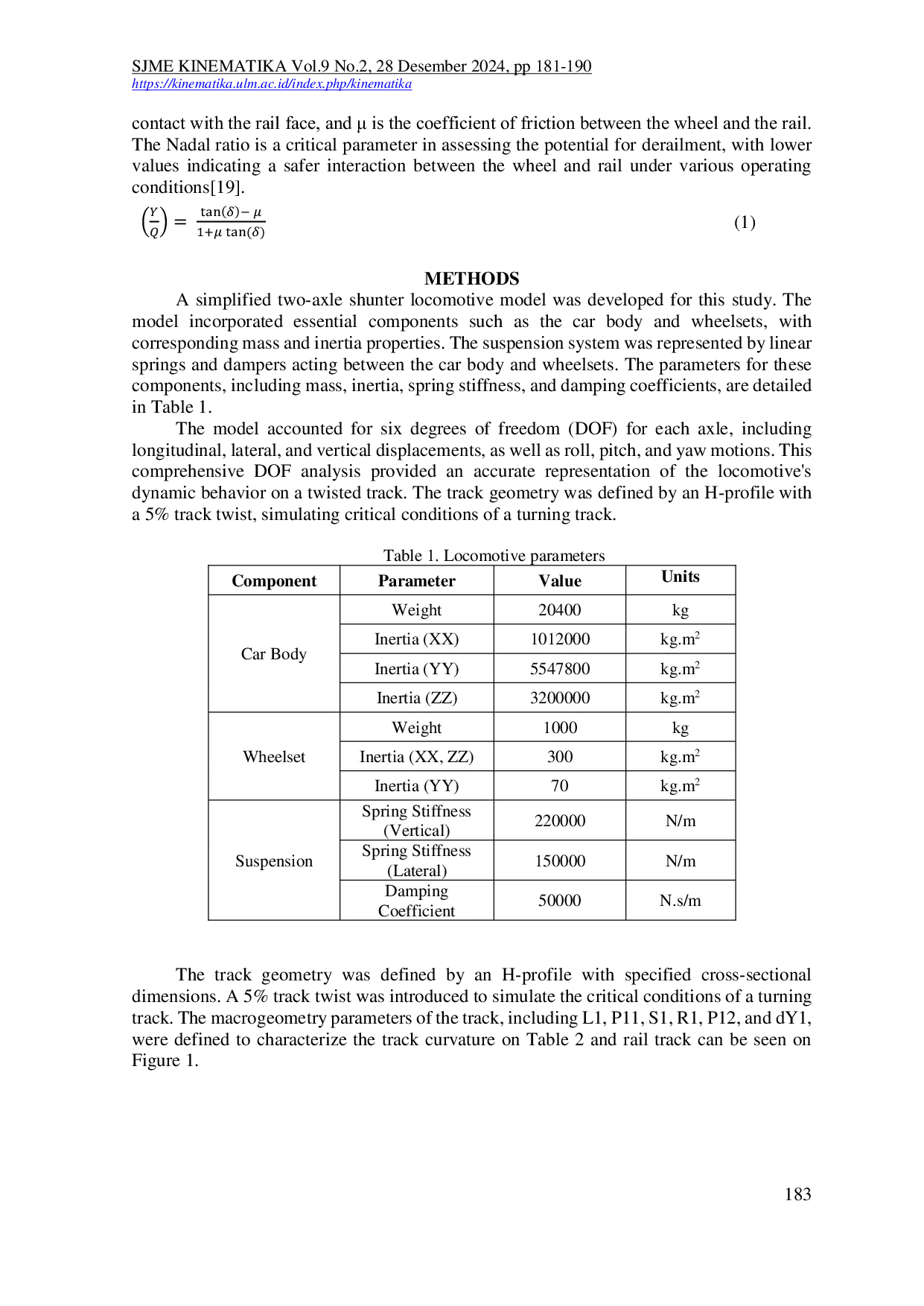 JURIS Simulasi Dinamika Benda Jamak Interaksi Roda Rel untuk Lokomotif Langsir di Jalur Berpuntir