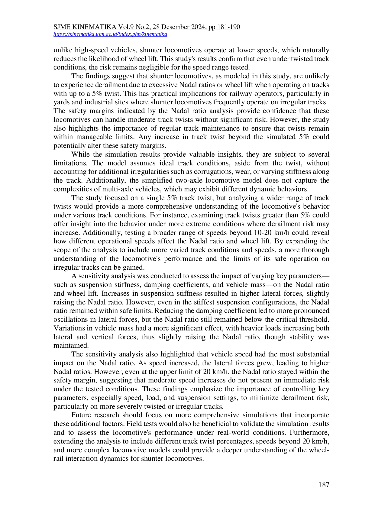 JURIS Simulasi Dinamika Benda Jamak Interaksi Roda Rel untuk Lokomotif Langsir di Jalur Berpuntir