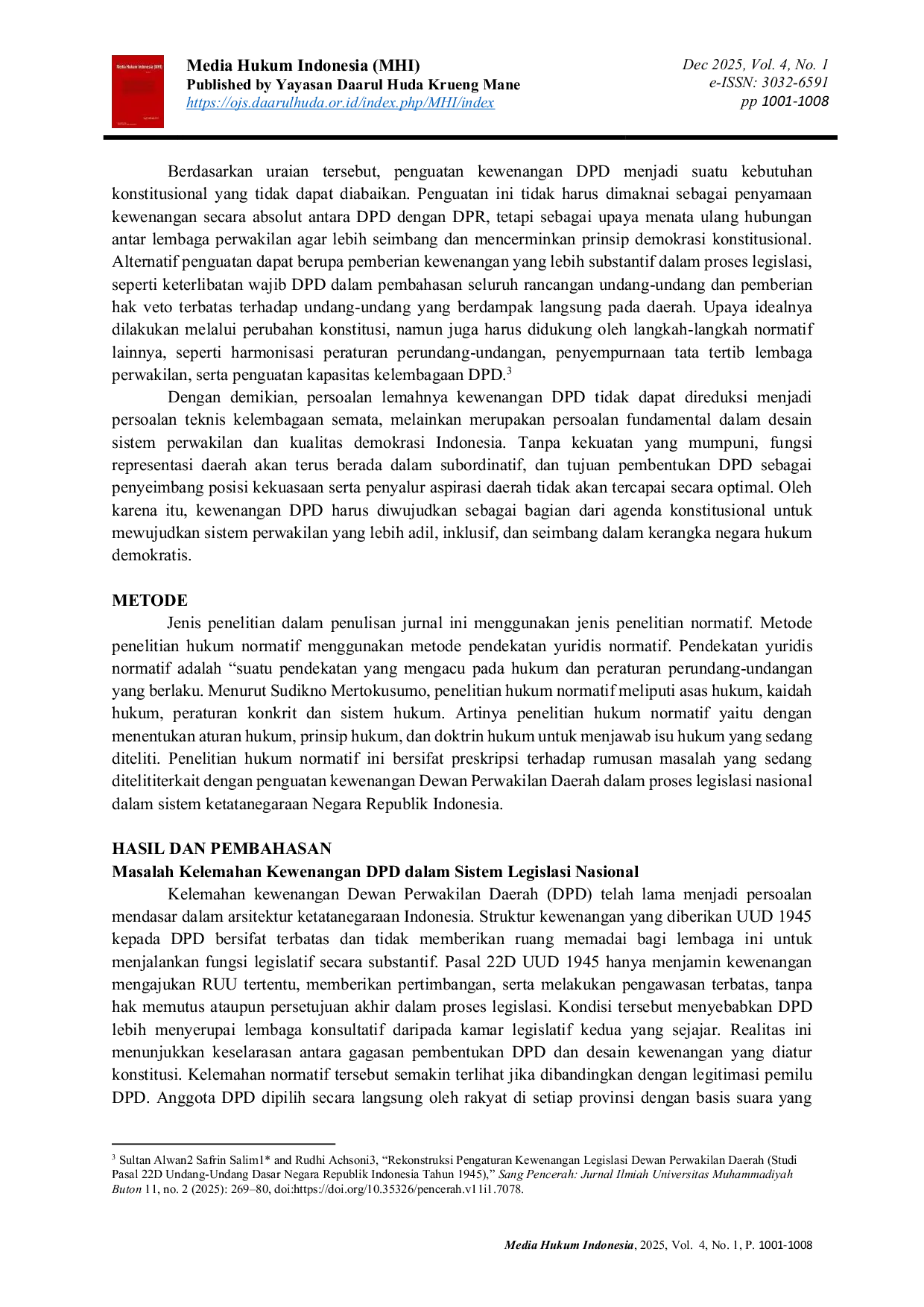 JURIS Penguatan Kewenangan Dewan Perwakilan Daerah DPD sebagai Representasi Daerah dalam Sistem Legislasi Nasional