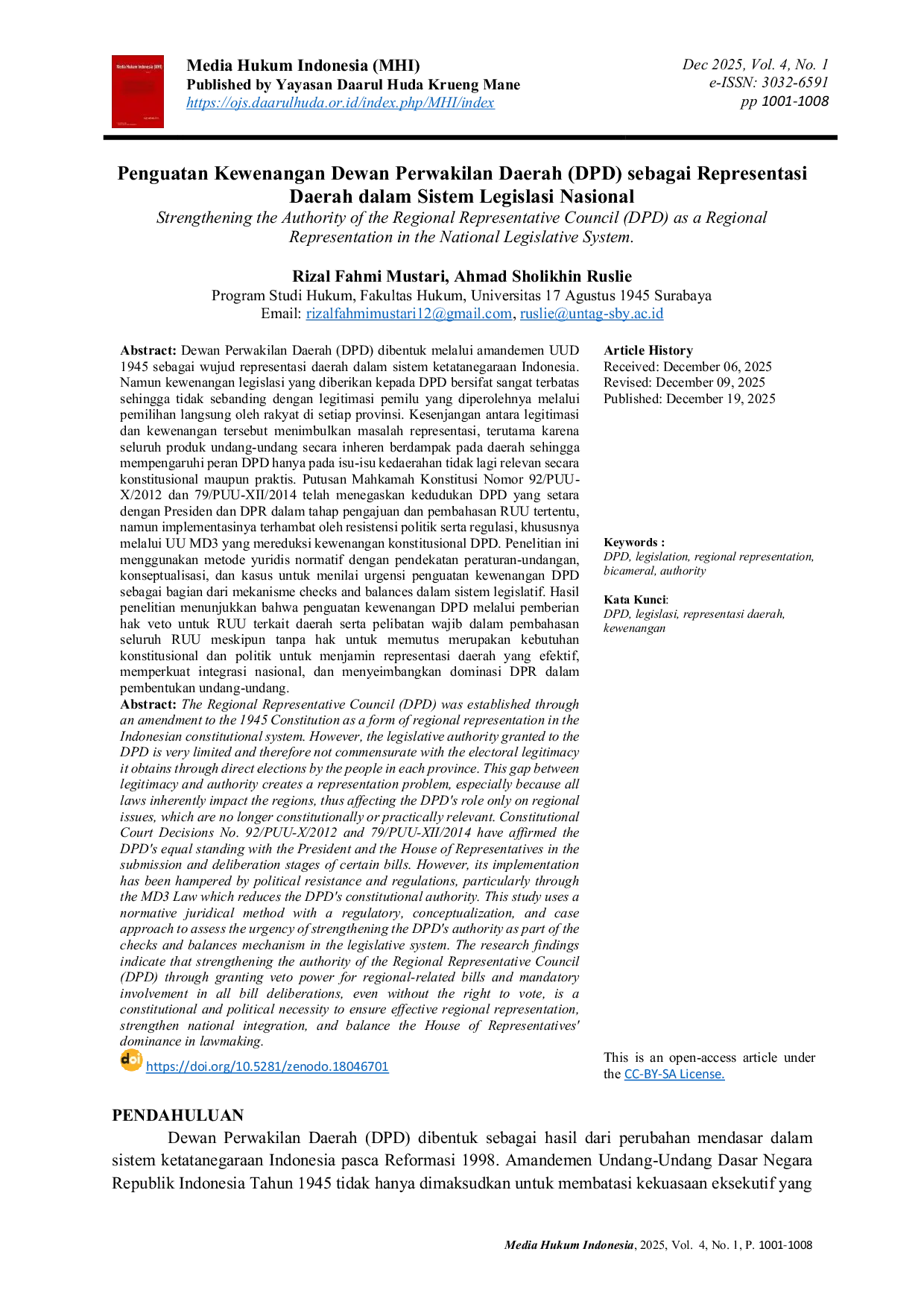 JURIS Penguatan Kewenangan Dewan Perwakilan Daerah DPD sebagai Representasi Daerah dalam Sistem Legislasi Nasional