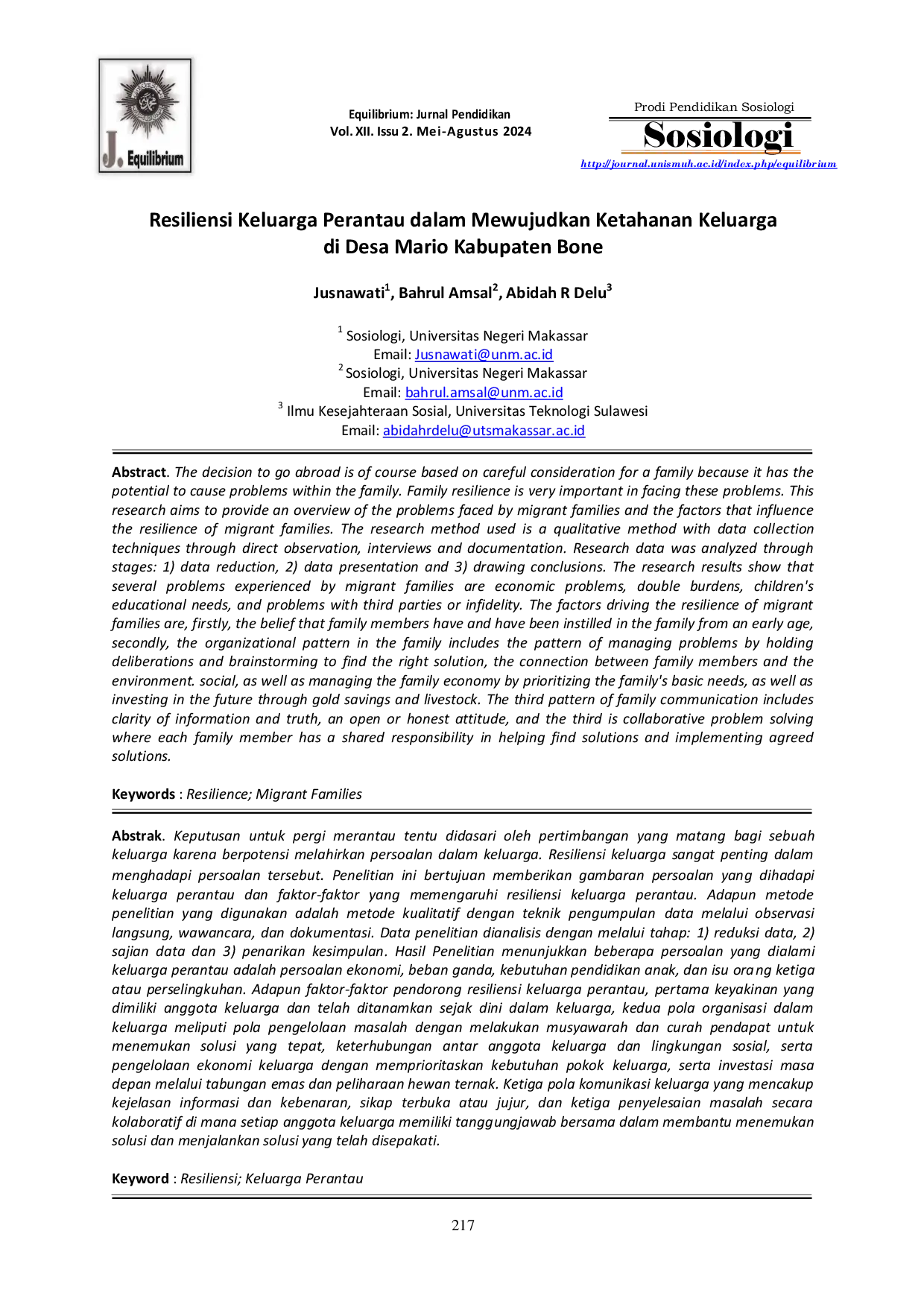JURIS Resiliensi Keluarga Perantau dalam Mewujudkan Ketahanan Keluarga di Desa Mario Kabupaten Bone