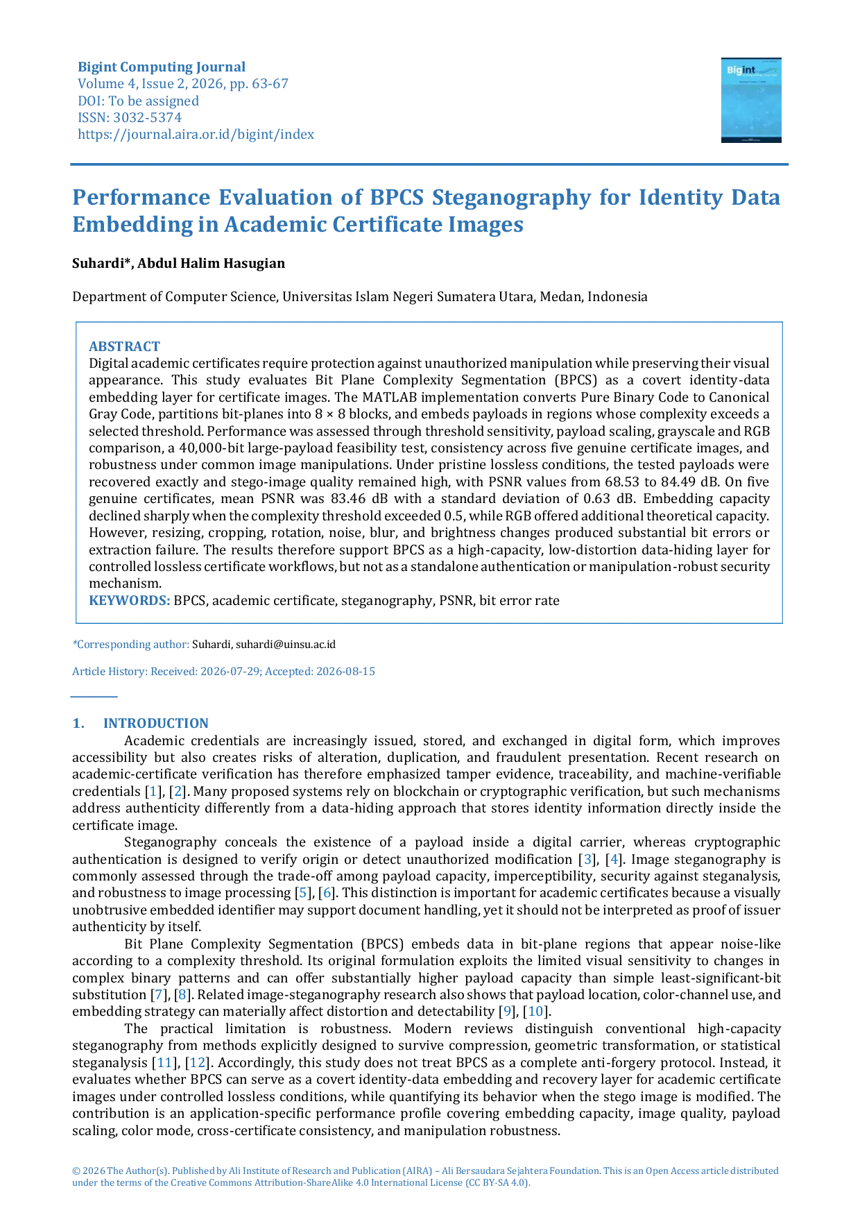 JURIS Performance Evaluation of BPCS Steganography for Identity Data Embedding in Academic Certificate Images