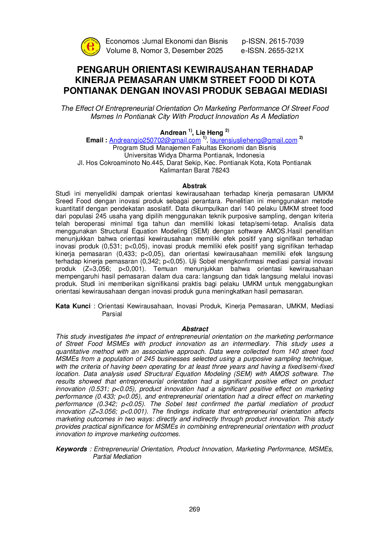 JURIS The Effect Of Entrepreneurial Orientation On Marketing Performance Of Street Food MSMEs In Pontianak City With Product Innovation as a Mediation