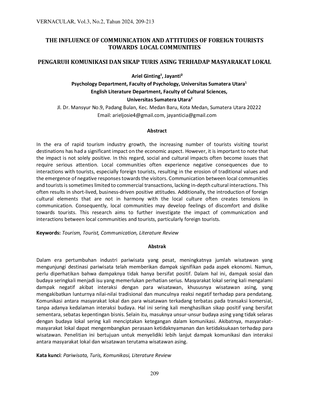juris Influence of Communication and Attitudes of Foreign Tourists Towards Local Communities