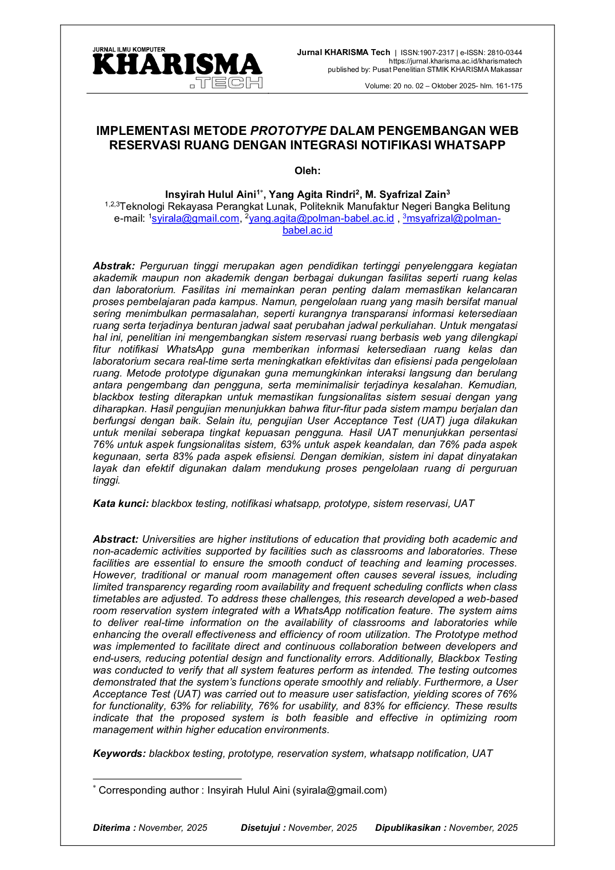 JURIS Implementasi Metode Prototype Dalam Pengembangan Web Reservasi Ruang Dengan Integrasi Notifikasi WhatsApp