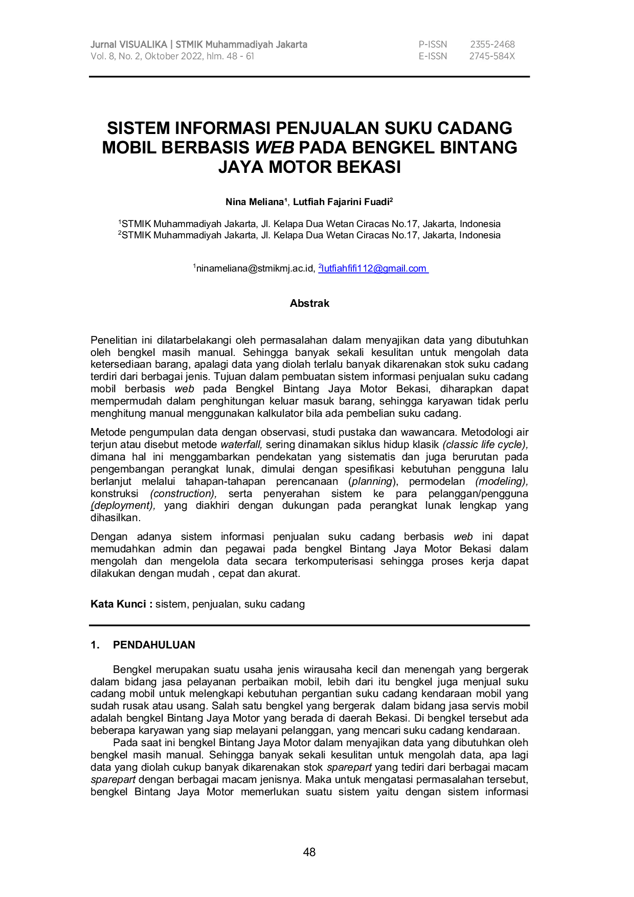 juris Sistem Informasi Penjualan Suku Cadang Mobil Berbasis Web Pada Bengkel Bintang Jaya Motor Bekasi