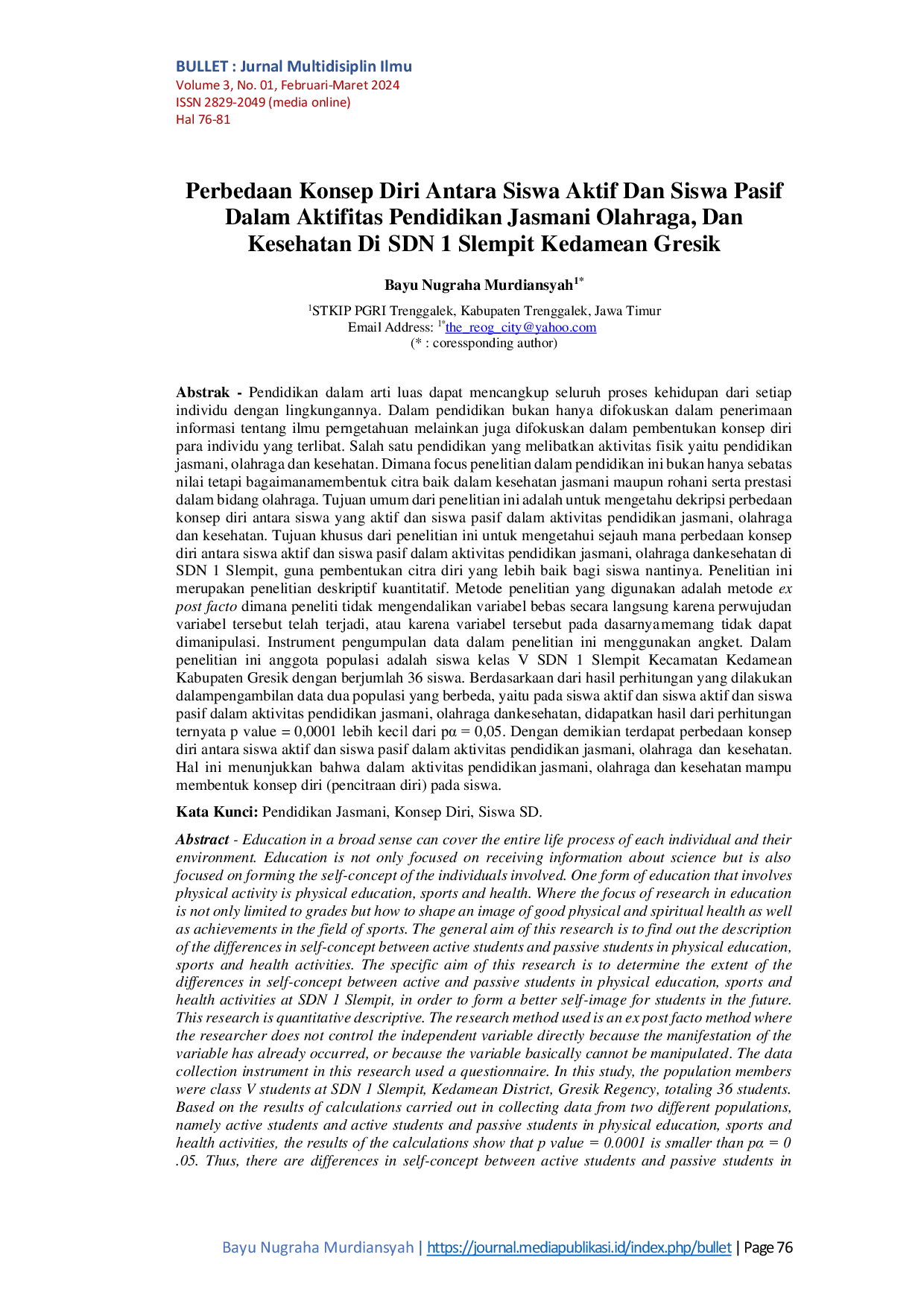 JURIS Perbedaan Konsep Diri Antara Siswa Aktif dan Siswa Pasif Dalam Aktivitas Pendidikan Jasmani Olahraga dan Kesehatan di SDN 1 Slempit Kedamean Gresik