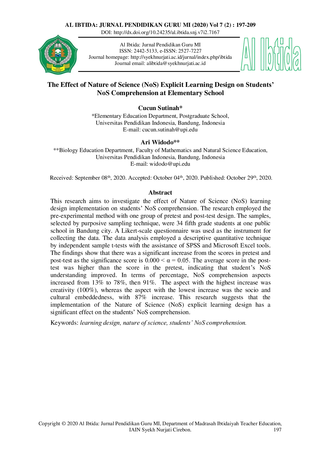 JURIS The Effect Of Nature Of Science NoS Explicit Learning Design On Students NoS Comprehension At Elementary School