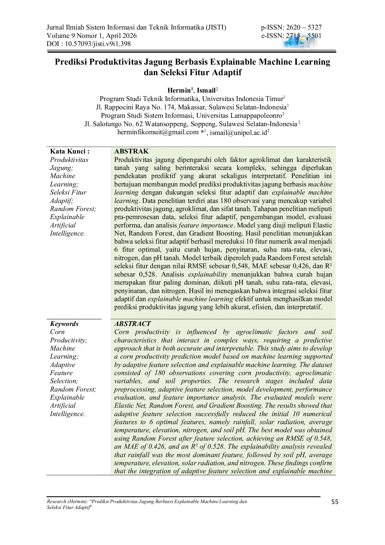 JURIS Prediksi Produktivitas Jagung Berbasis Explainable Machine Learning dan Seleksi Fitur Adaptif