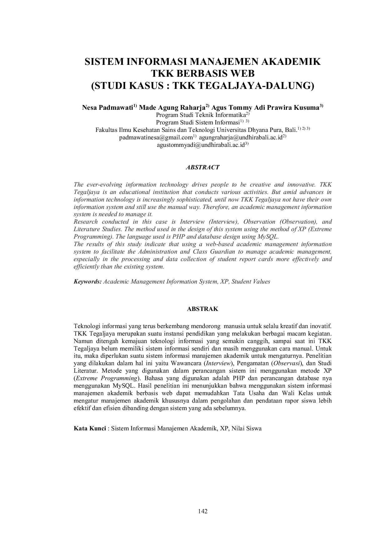 JURIS Sistem Informasi Manajemen Akademik Tkk Berbasis Web Studi Kasus Tkk Tegaljaya Dalung