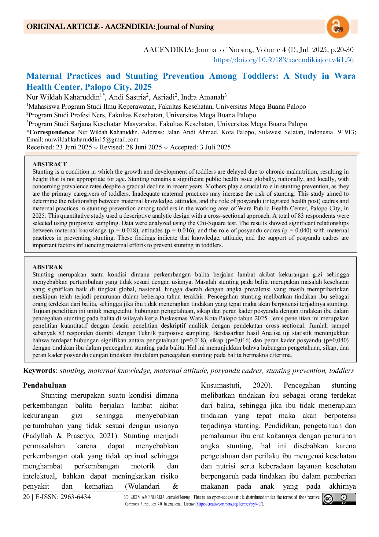 JURIS Maternal Practices and Stunting Prevention Among Toddlers A Study in Wara Health Center Palopo City 2025