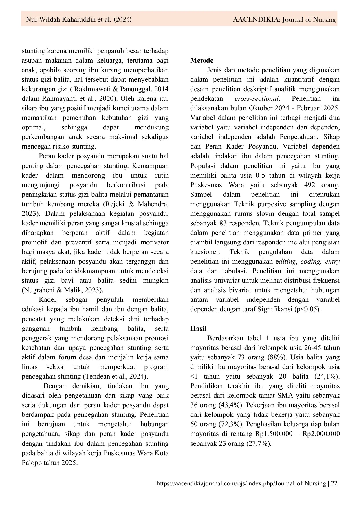 JURIS Maternal Practices and Stunting Prevention Among Toddlers A Study in Wara Health Center Palopo City 2025