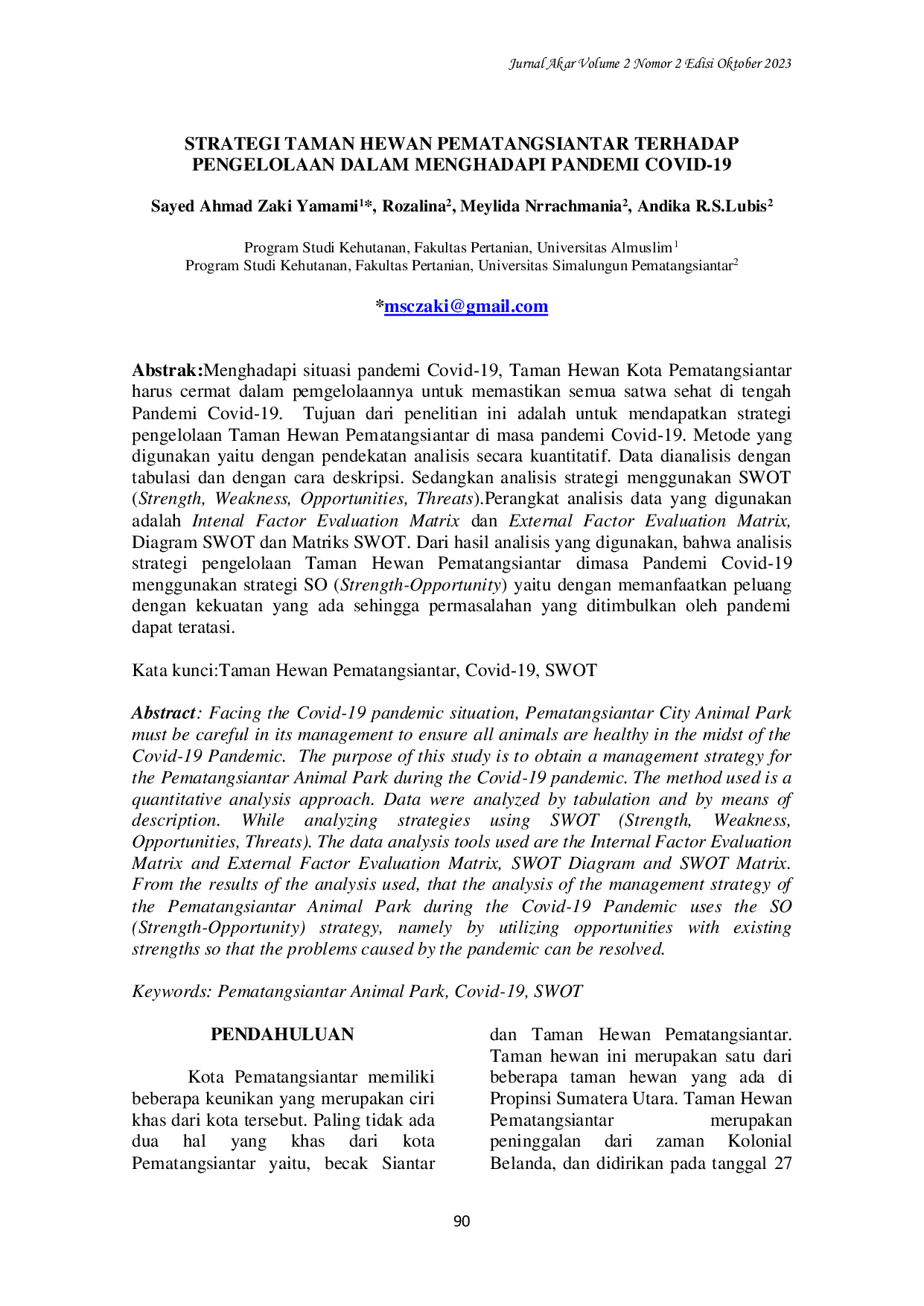 JURIS Strategi Taman Hewan Pematangsiantar Terhadap Pengelolaan Dalam Menghadapi Pandemi Covid 19