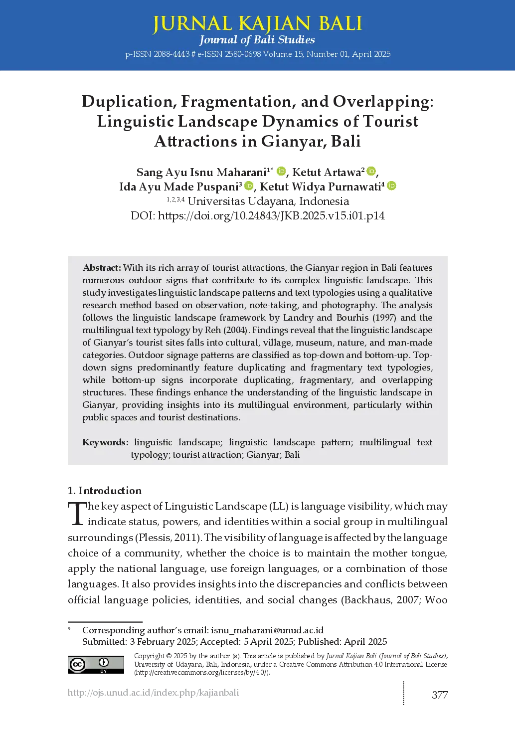 juris Duplication Fragmentation and Overlapping Linguistic Landscape Dynamics of Tourist Attractions in Gianyar Bali