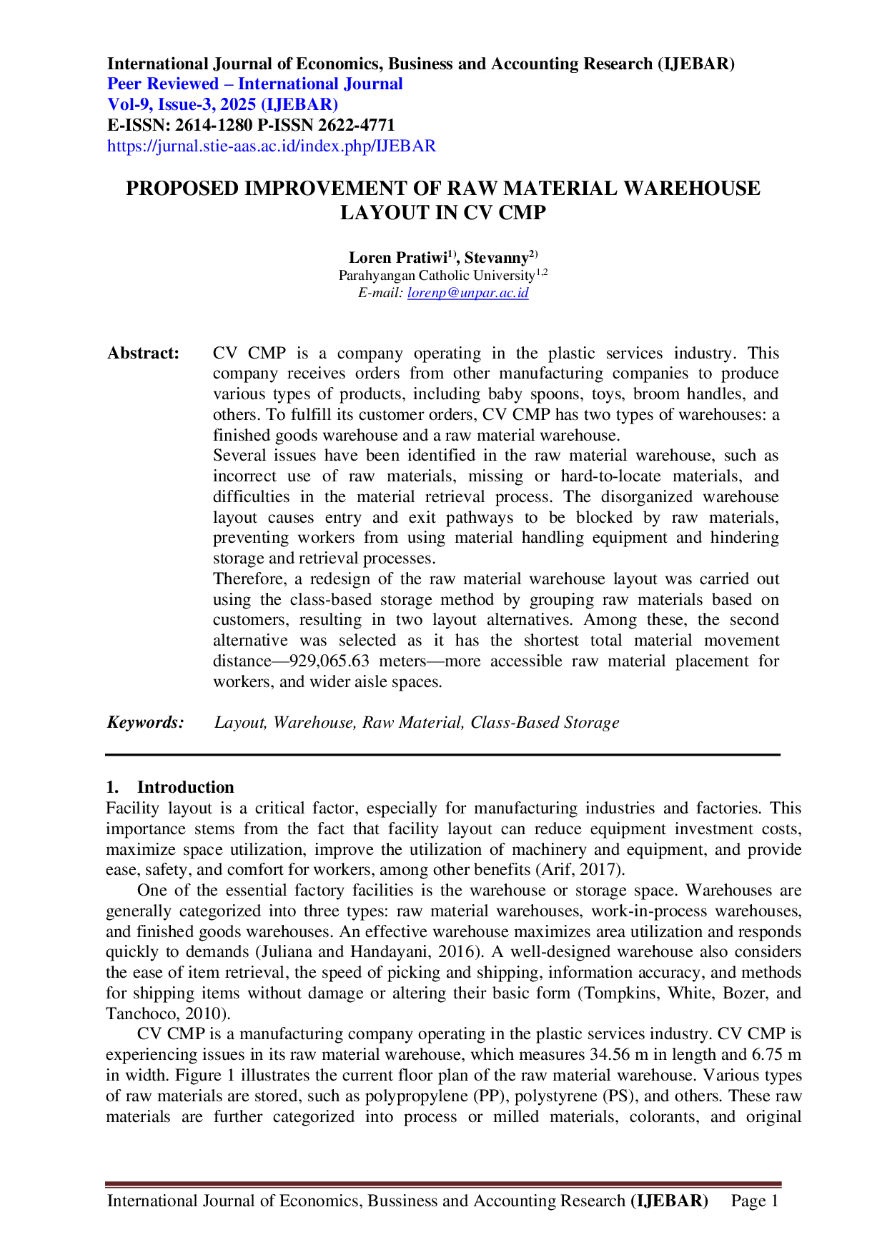 JURIS Proposed Improvement of Raw Material Warehouse Layout in CV CMP