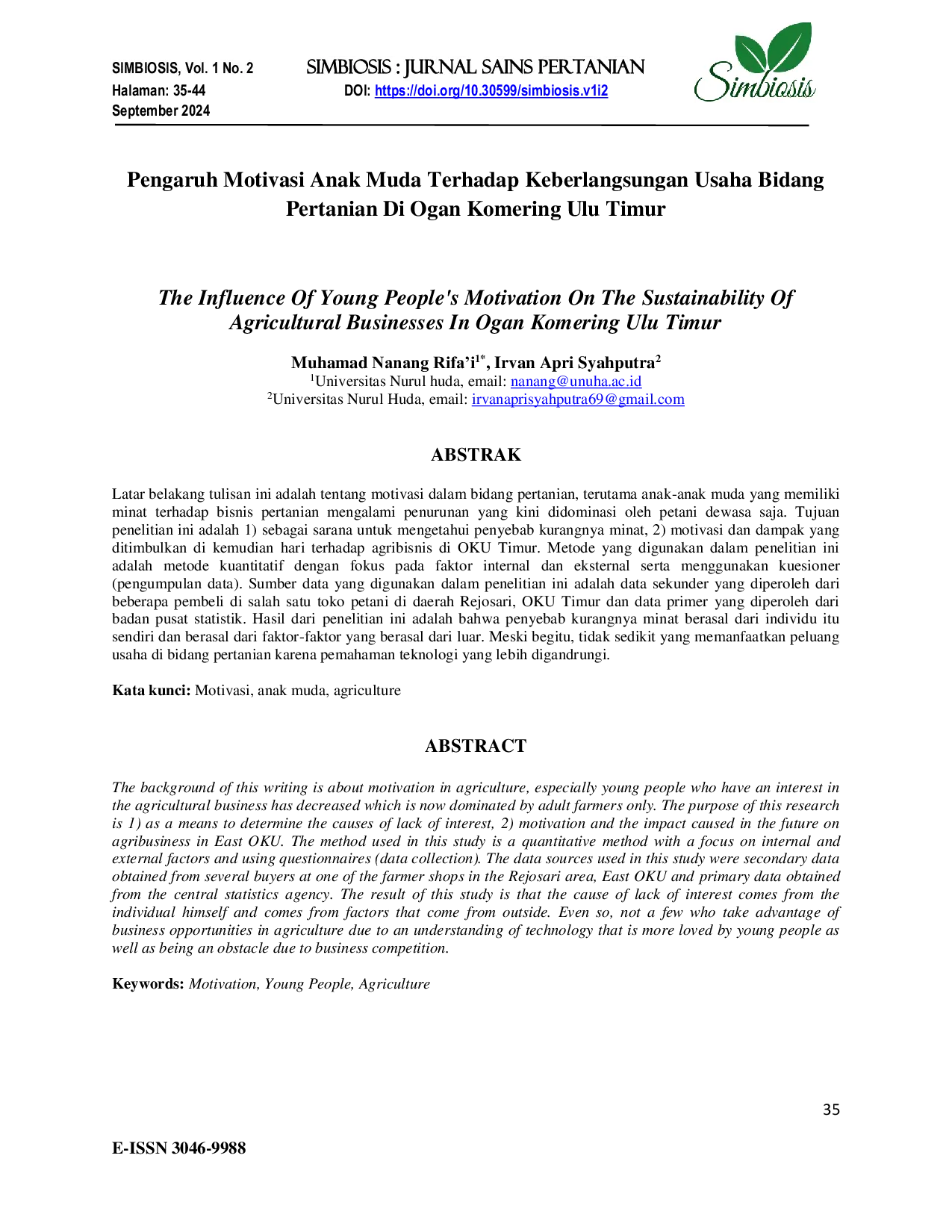 JURIS Pengaruh Motivasi Anak Muda Terhadap Keberlangsungan Usaha Bidang Pertanian Di Ogan Komering Ulu Timur