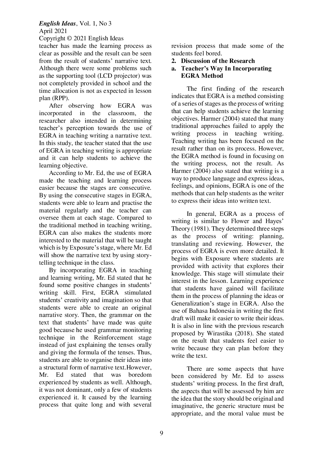 JURIS Exploring EGRA Experience Generalization Reinforcement and Application in EFL Students Writing Narrative Text