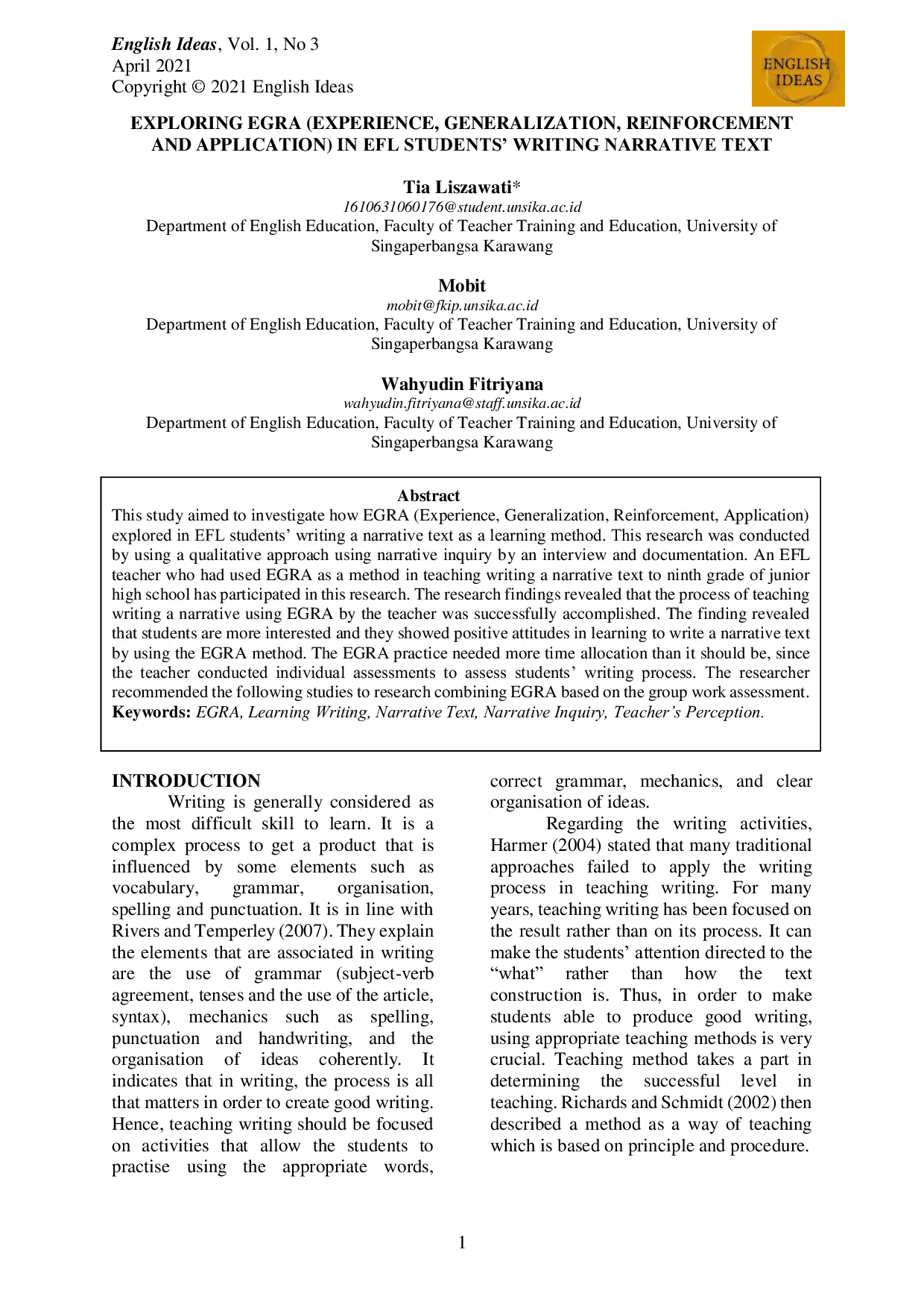 JURIS Exploring EGRA Experience Generalization Reinforcement and Application in EFL Students Writing Narrative Text