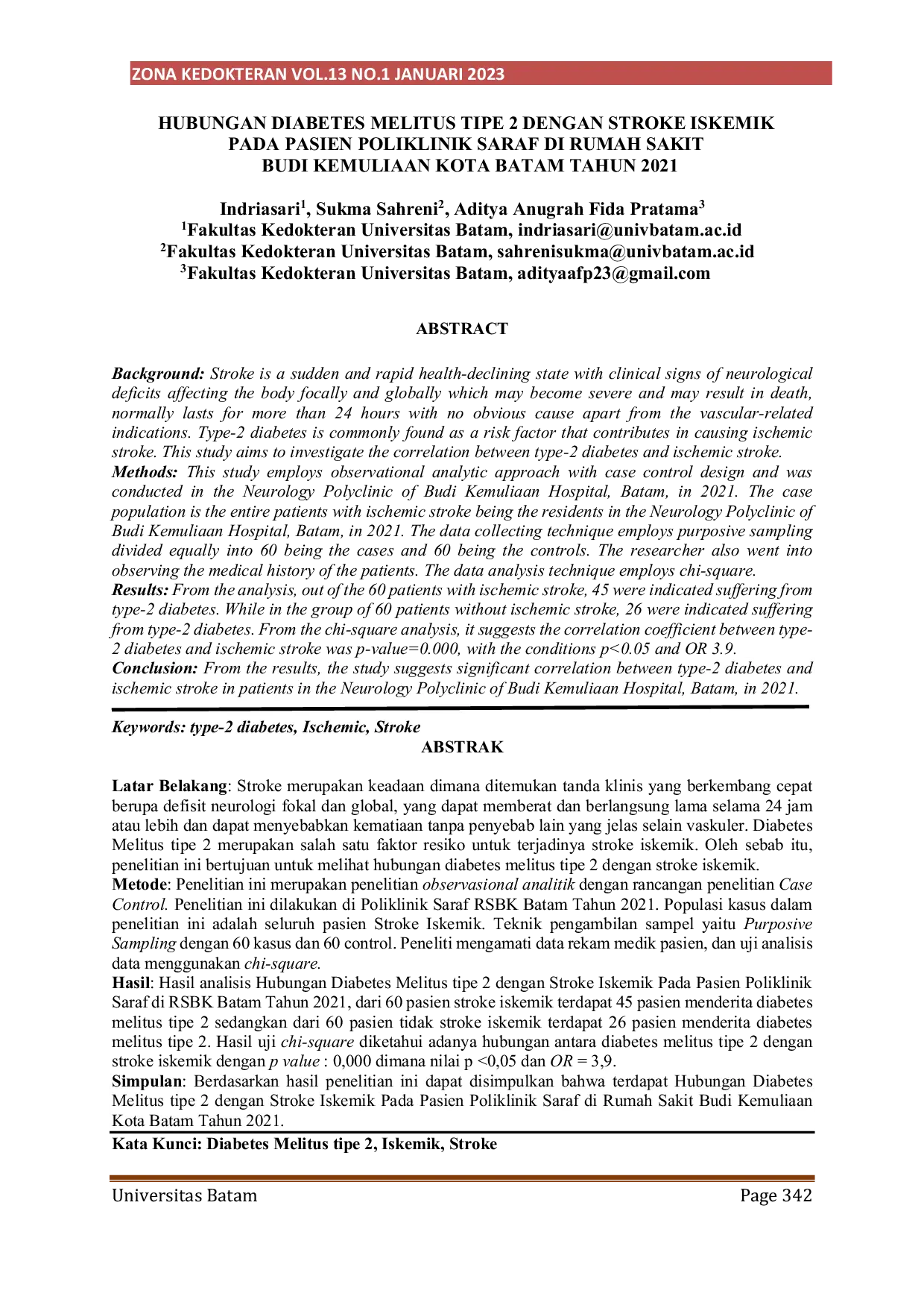 JURIS Hubungan Diabetes Melitus Tipe 2 Dengan Stroke Iskemik Pada Pasien Poliklinik Saraf Di Rumah Sakit Budi Kemuliaan Kota Batam Tahun 2021
