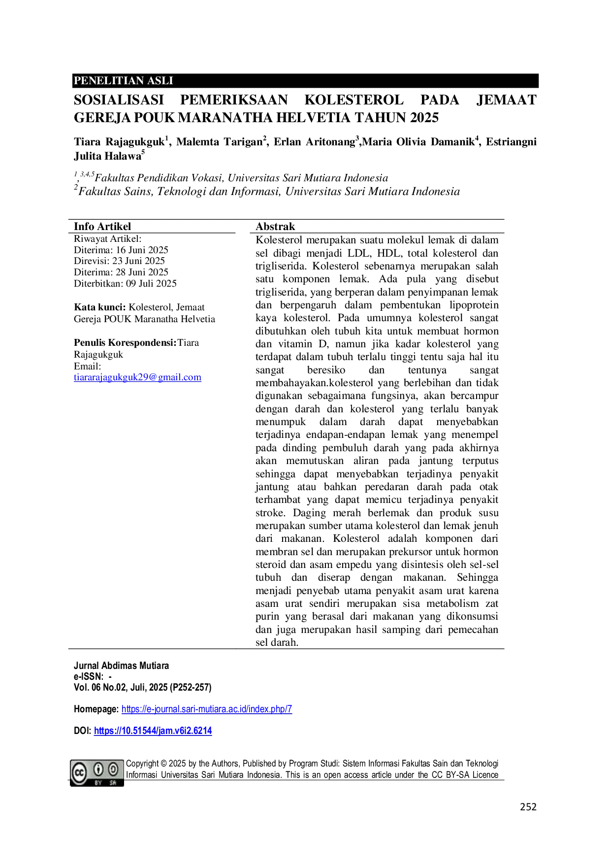 JURIS Sosialisasi Pemeriksaan Kolesterol Pada Jemaat Gereja Pouk Maranatha Helvetia