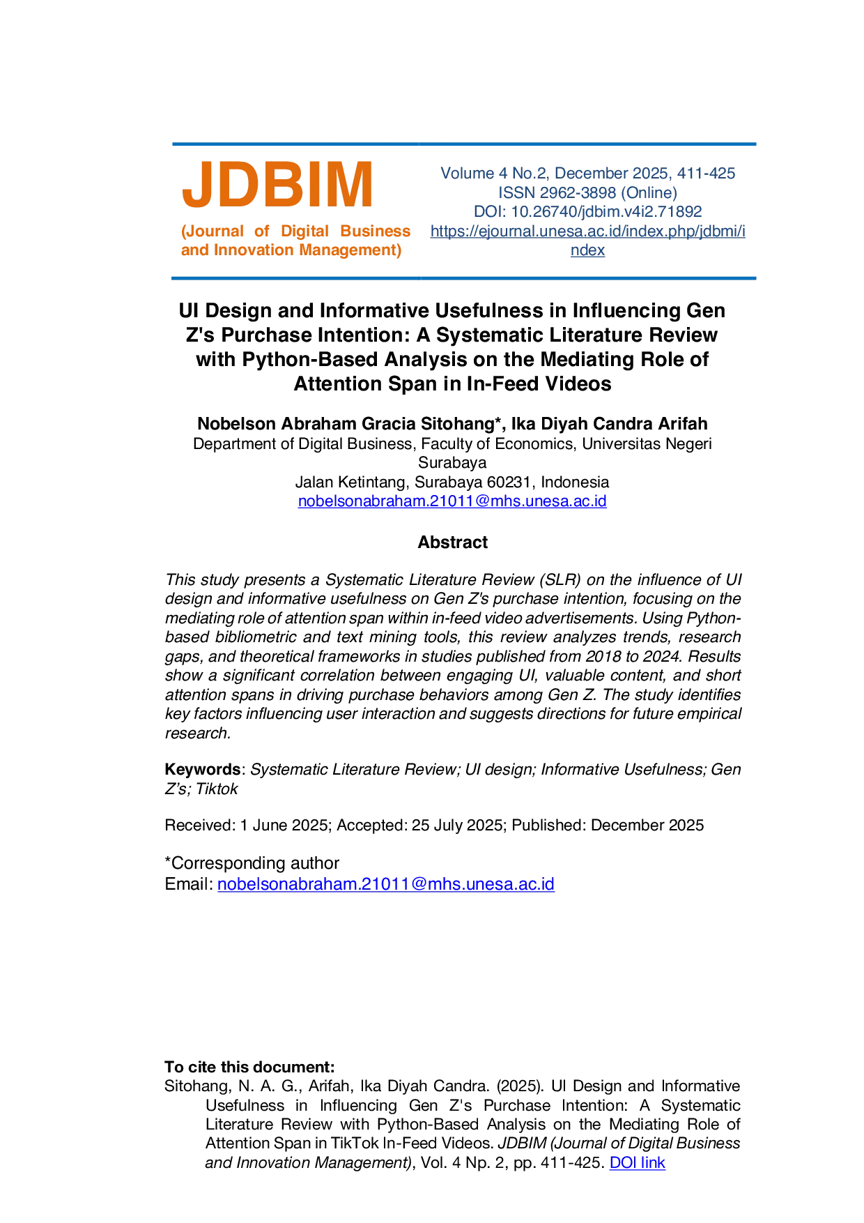 JURIS UI Design and Informative Usefulness in Influencing Gen Z s Purchase Intention A Systematic Literature Review with Python Based Analysis on the Mediating Role of Attention Span in TikTok In Feed Vide