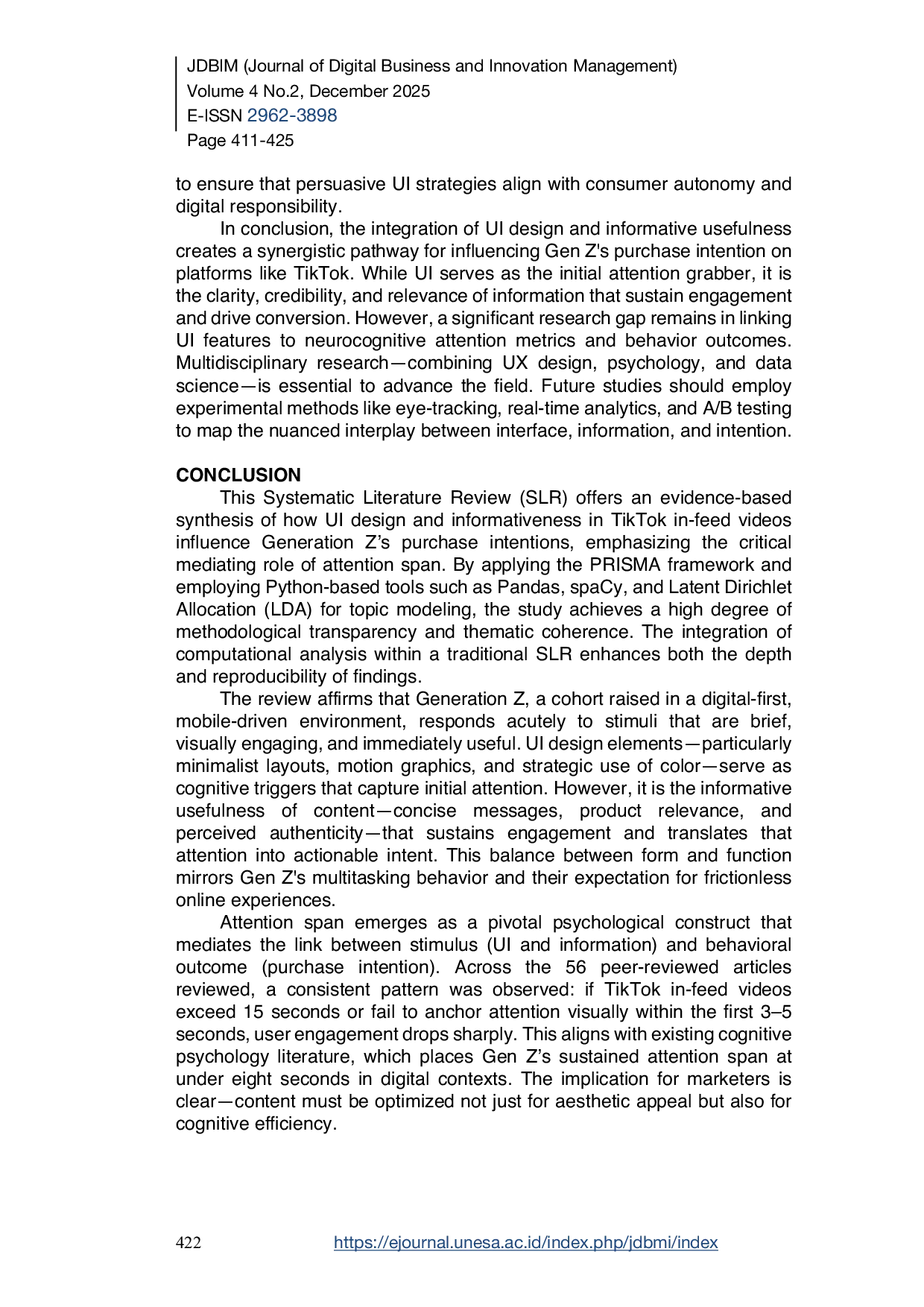 JURIS UI Design and Informative Usefulness in Influencing Gen Z s Purchase Intention A Systematic Literature Review with Python Based Analysis on the Mediating Role of Attention Span in TikTok In Feed Vide