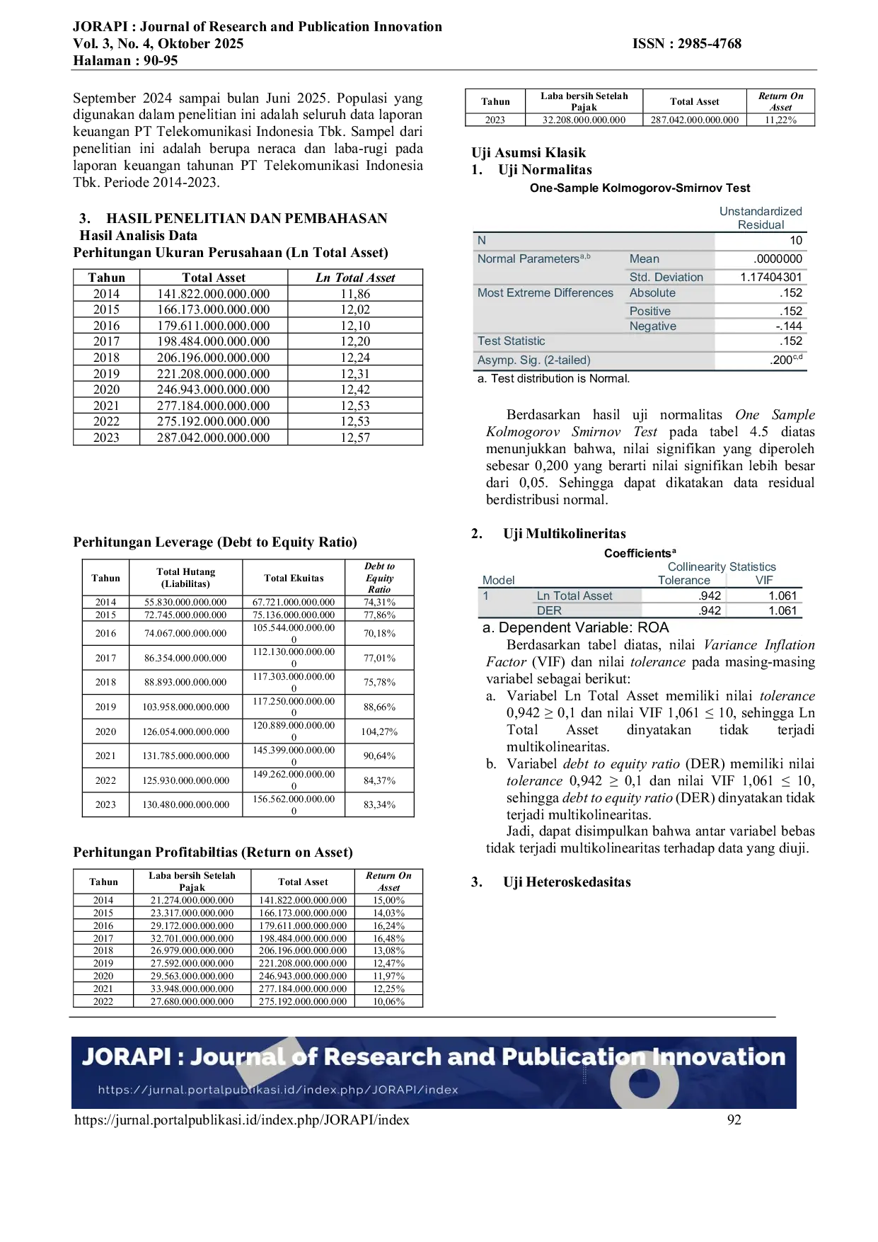 JURIS Pengaruh Ukuran Perusahaan Dan Leverage Terhadap Profitabilitas Pada Pt Telekomunikasi Indonesia Tbk Periode 2014 2023