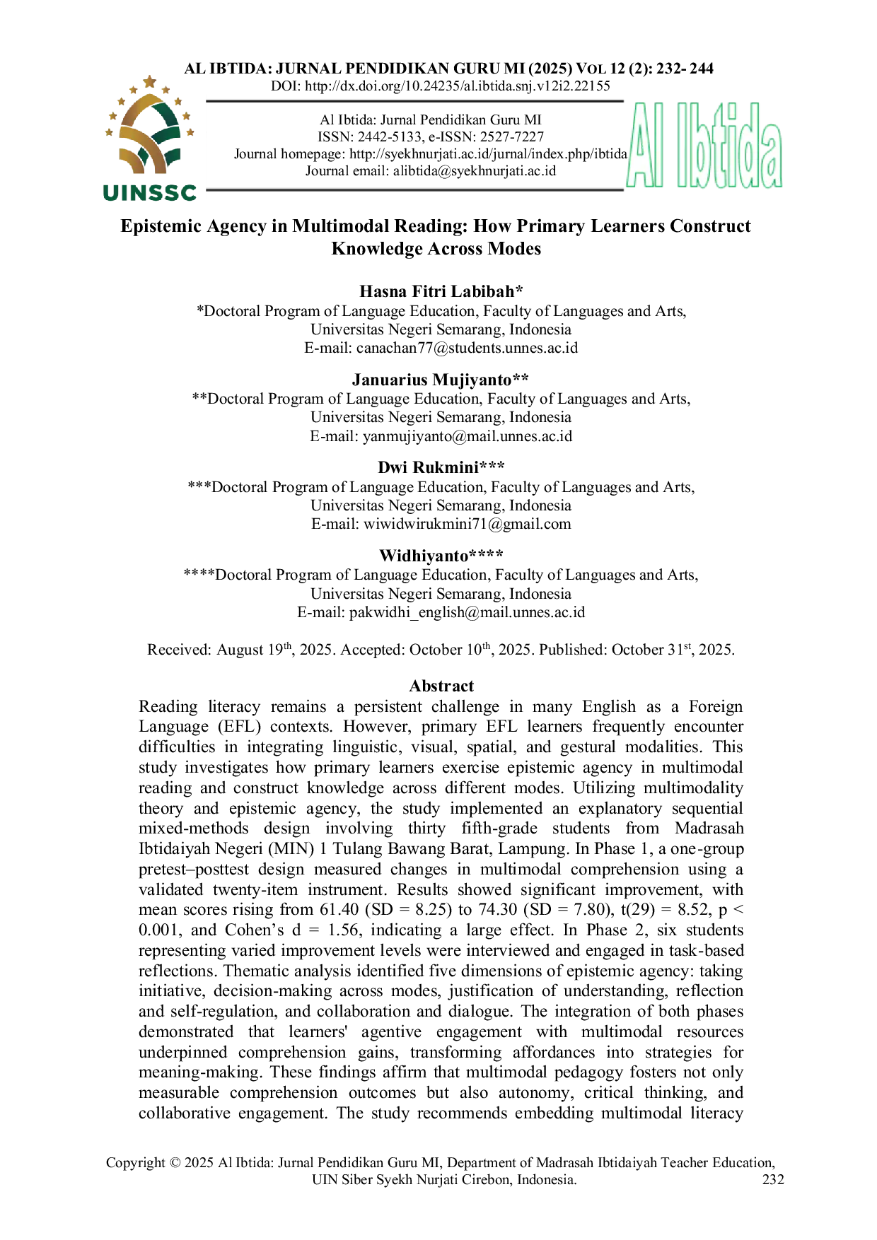 JURIS Epistemic Agency in Multimodal Reading How Primary Learners Construct Knowledge Across Modes