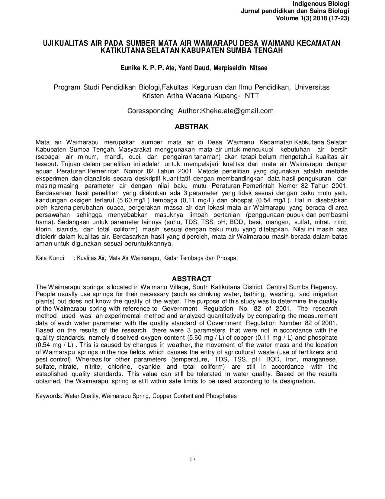 JURIS Uji Kualitas Air pada Sumber Mata Air Waimarapu Desa Waimanu Kecamatan Katikutana Selatan Kabupaten Sumba Tengah