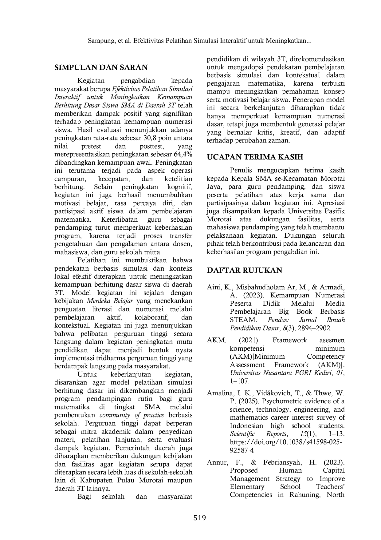 JURIS Efektivitas Pelatihan Simulasi Interaktif untuk Meningkatkan Kemampuan Berhitung Dasar Siswa SMA di Daerah 3T