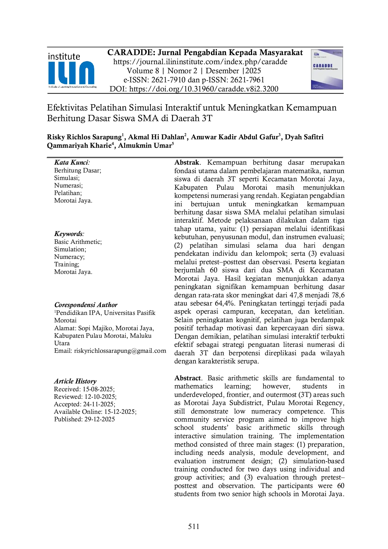 JURIS Efektivitas Pelatihan Simulasi Interaktif untuk Meningkatkan Kemampuan Berhitung Dasar Siswa SMA di Daerah 3T