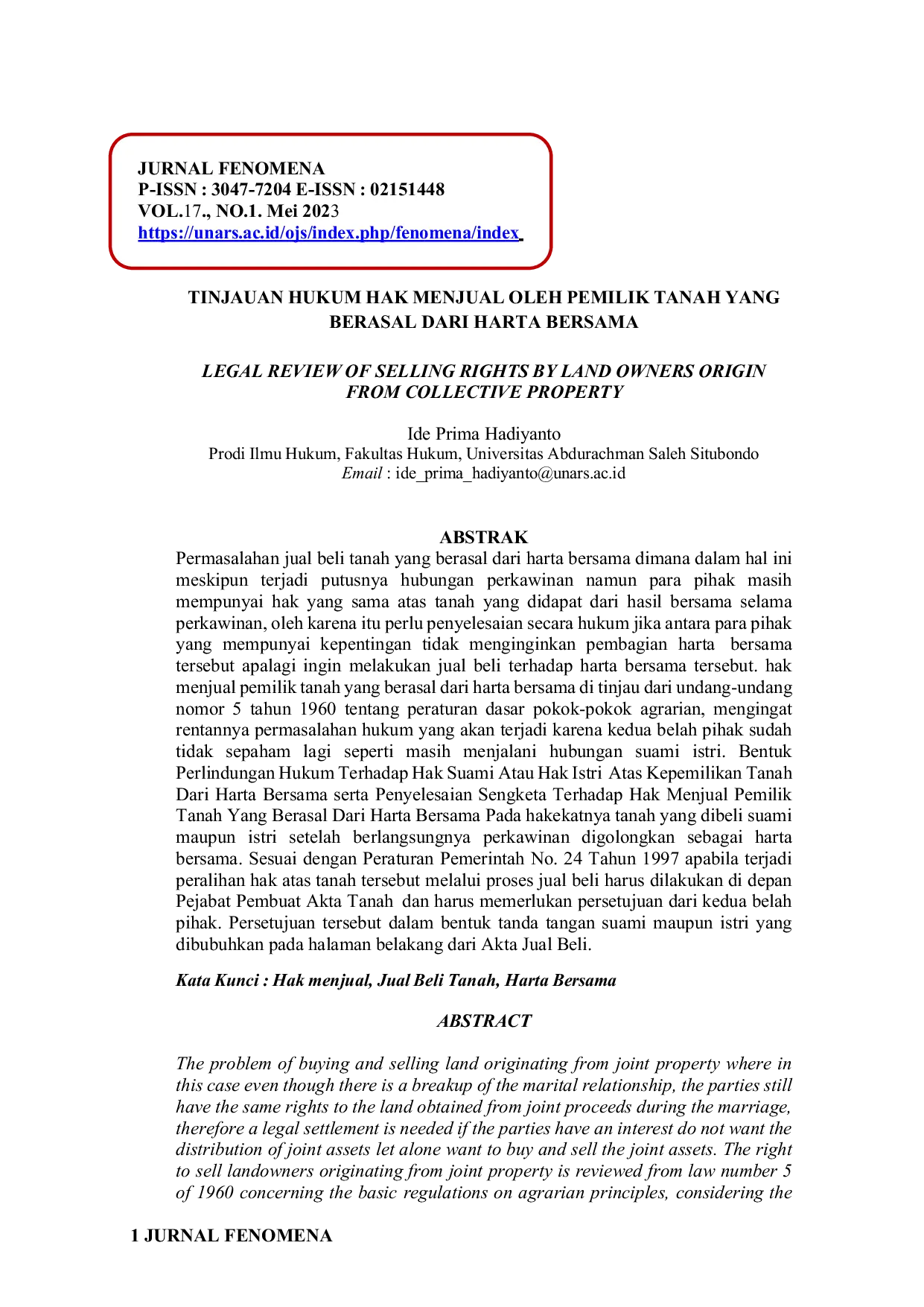 JURIS Tinjauan Hukum Hak Menjual Oleh Pemilik Tanah Yang Berasal Dari Harta Bersama