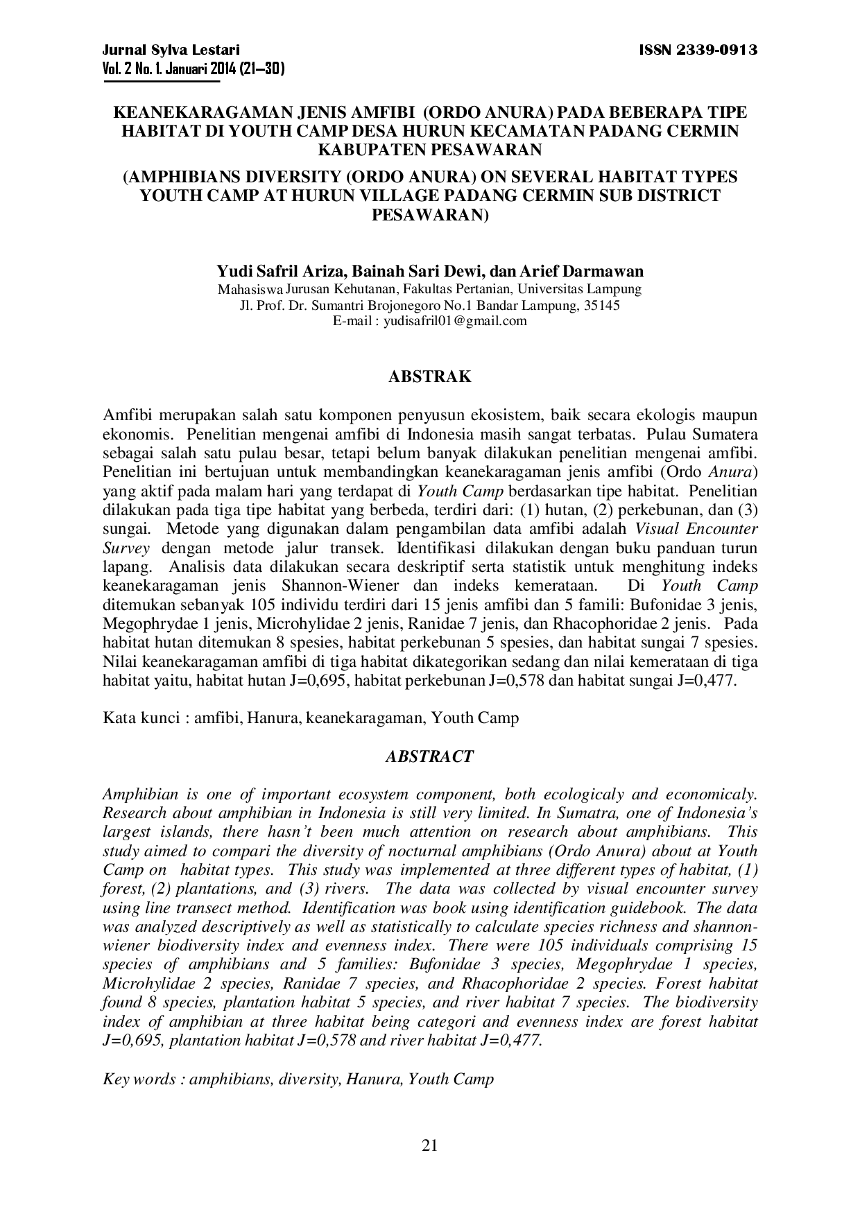juris Keanekaragaman Jenis Amfibi Ordo Anura Pada Beberapa Tipe Habitat Di Youth Camp Desa Hurun Kecamatan Padang Cermin Kabupaten Pesawaran