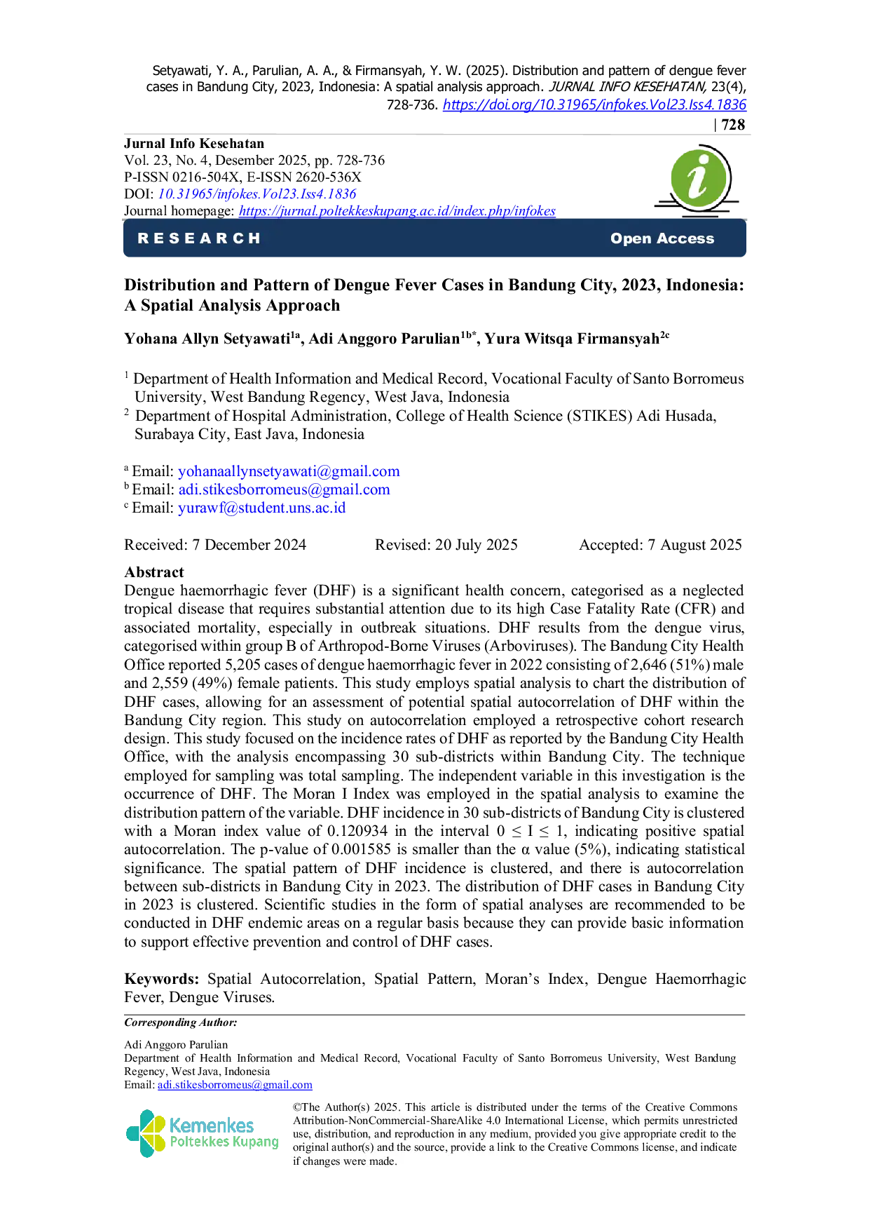 JURIS Distribution and Pattern of Dengue Fever Cases in Bandung City 2023 Indonesia A Spatial Analysis Approach