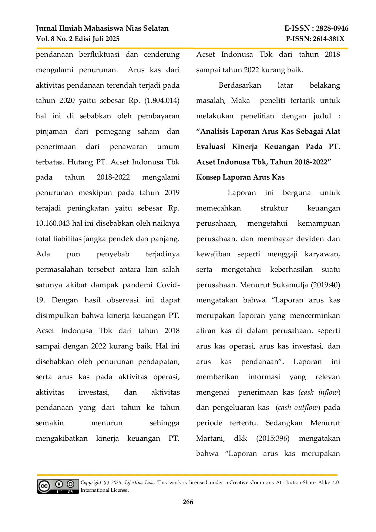 JURIS Analisis Laporan Arus Kas Sebagai Alat Evaluasi Kinerja Keuangan Pada Pt Acset Indonusa Tbk Tahun 2018 2022