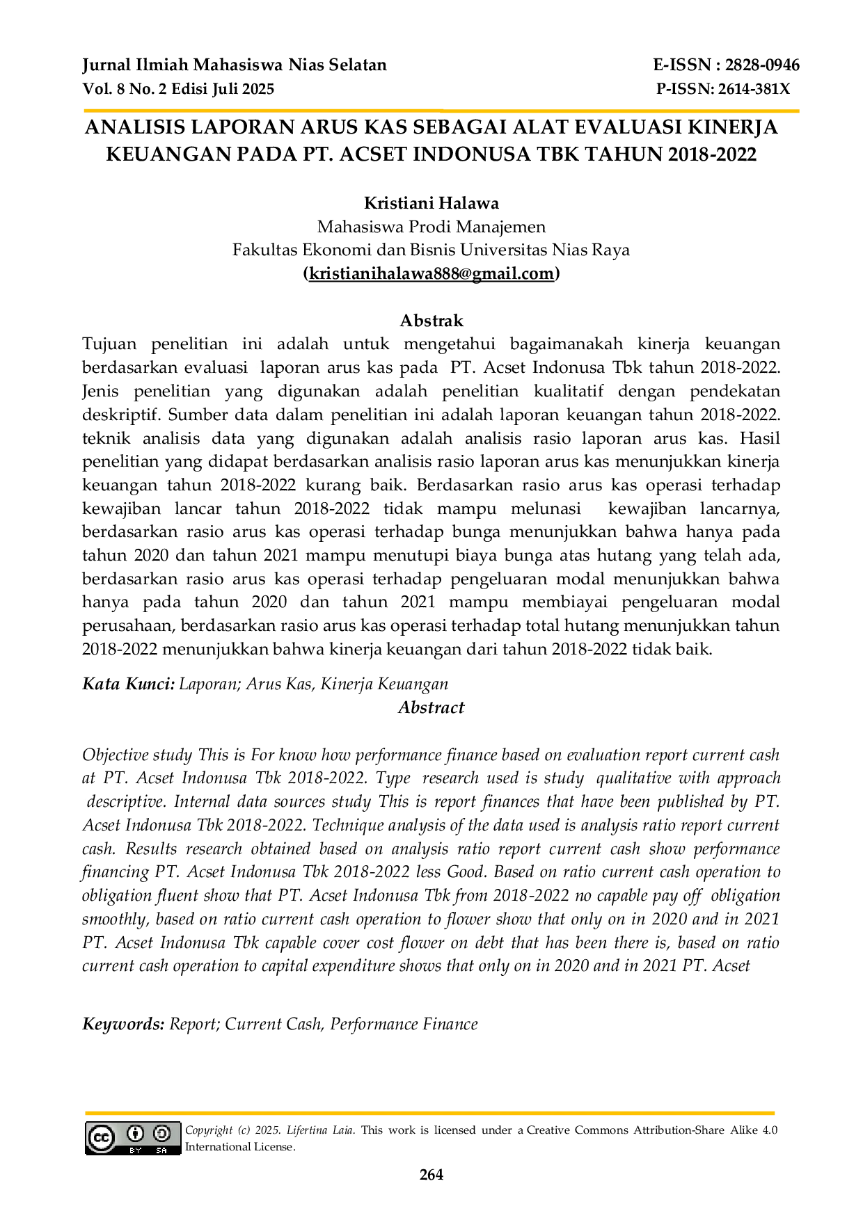 JURIS Analisis Laporan Arus Kas Sebagai Alat Evaluasi Kinerja Keuangan Pada Pt Acset Indonusa Tbk Tahun 2018 2022