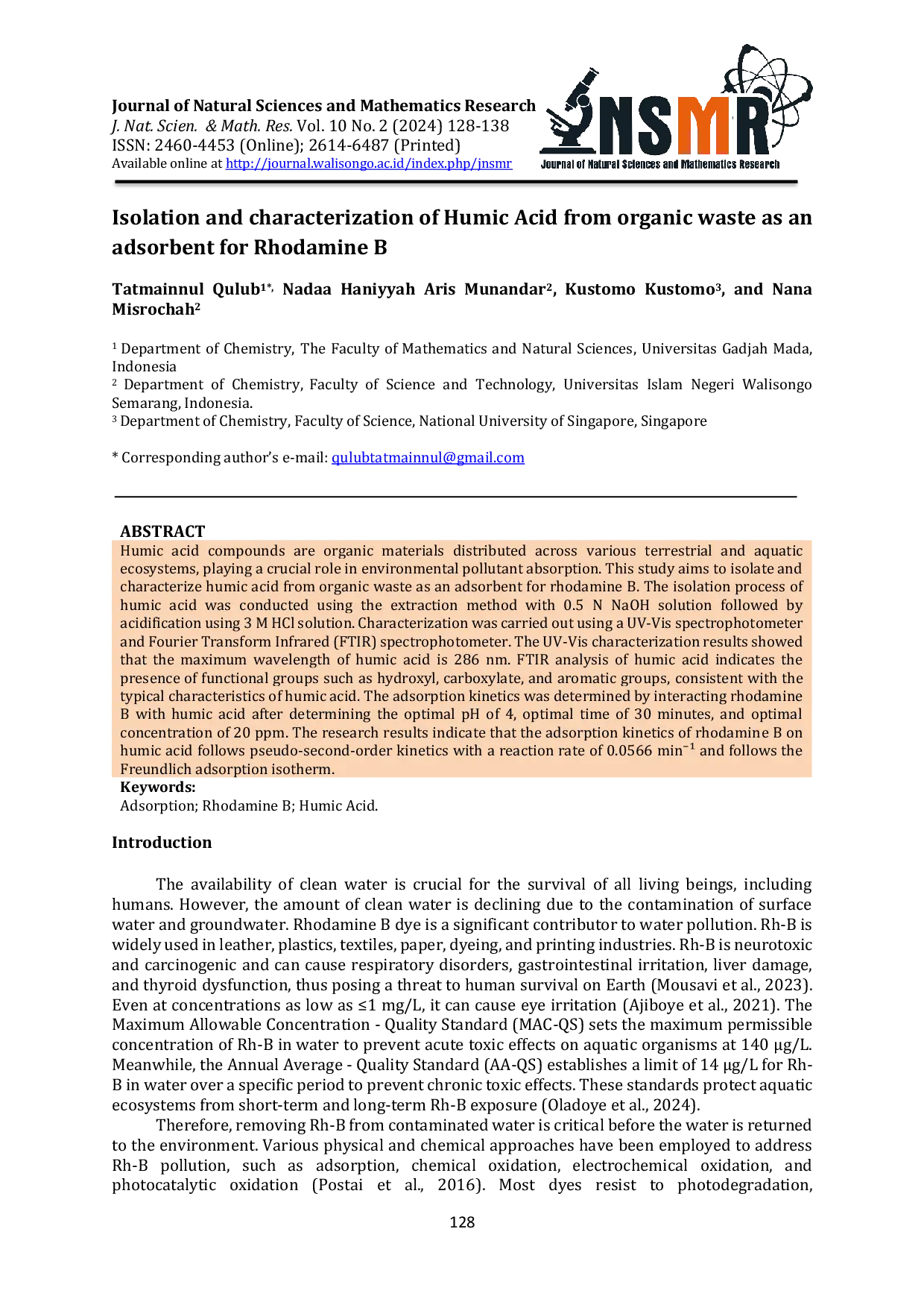 JURIS Isolation and characterization of Humic Acid from organic waste as an adsorbent for Rhodamine B