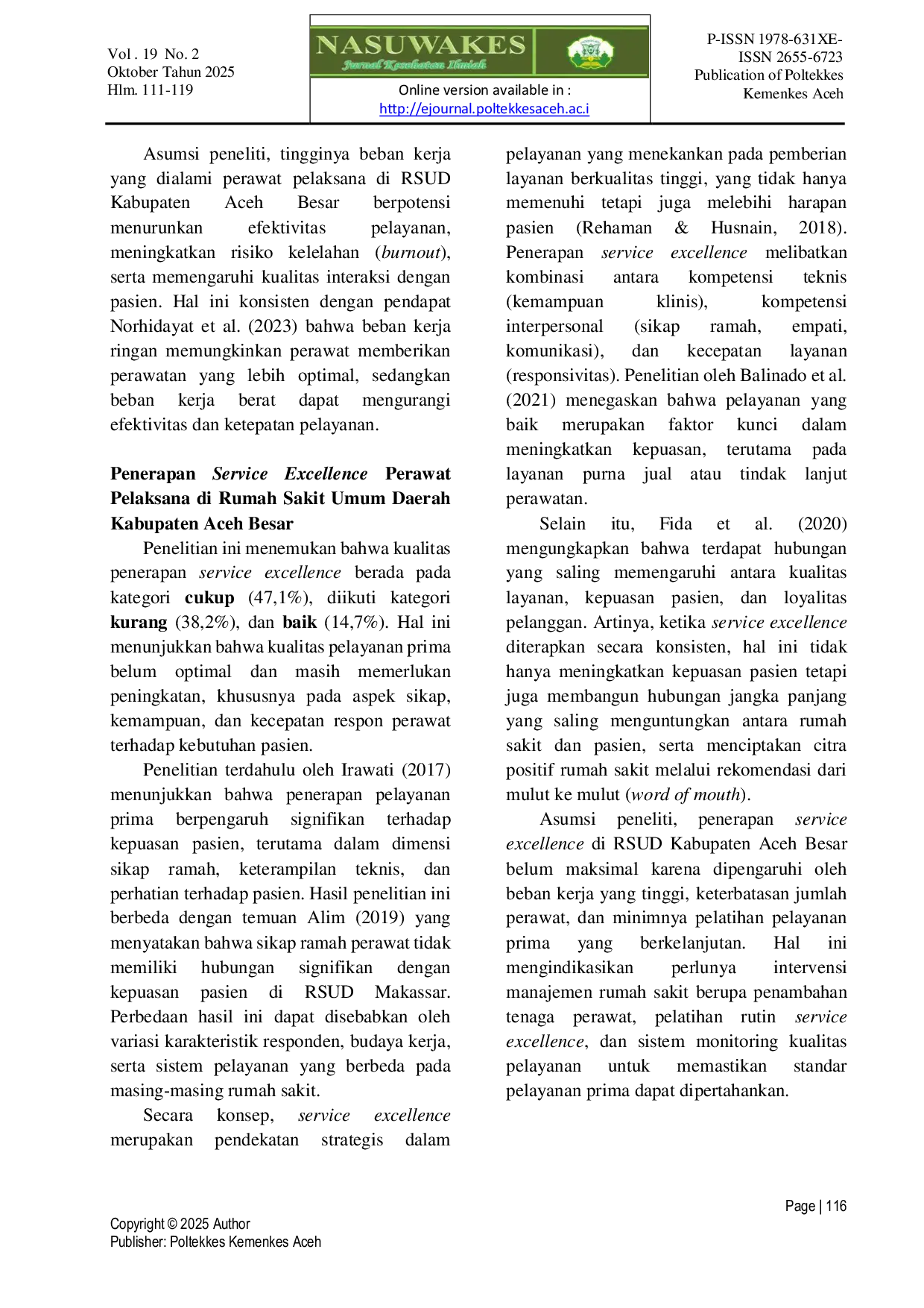 JURIS Hubungan Beban Kerja Dengan Kualitas Penerapan Service Excellence Perawat Pelaksana Di Rumah Sakit Umum Daerah Kabupaten Aceh Besar