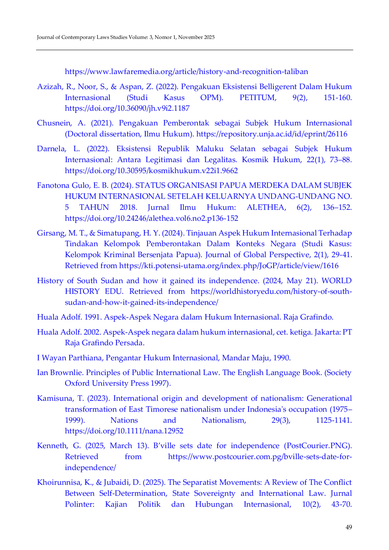 JURIS Tinjauan Hukum Internasional terhadap Status Organisasi Papua Merdeka OPM sebagai Subjek Hukum Internasional