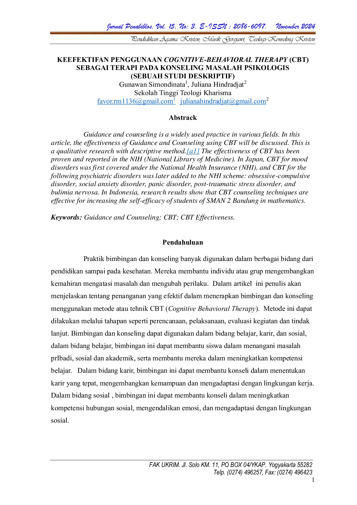 JURIS Keefektifan Penggunaan Cognitive Behavioral Therapy Cbt Sebagai Terapi Pada Konseling Masalah Psikologis Sebuah Studi Deskriptif