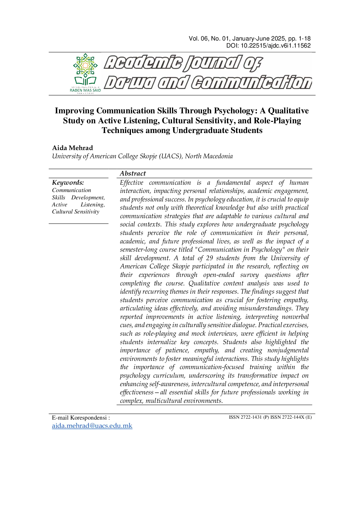 JURIS Improving Communication Skills Through Psychology A Qualitative Study on Active Listening Cultural Sensitivity and Role Playing Techniques among Undergraduate Students