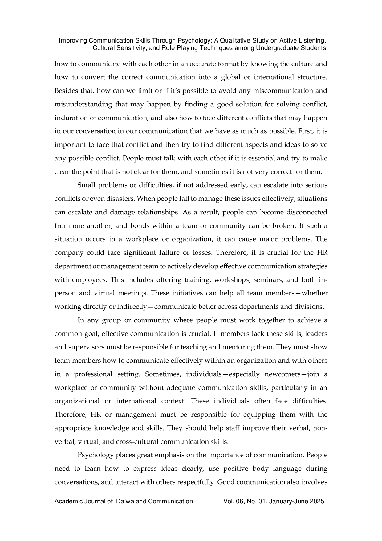 JURIS Improving Communication Skills Through Psychology A Qualitative Study on Active Listening Cultural Sensitivity and Role Playing Techniques among Undergraduate Students