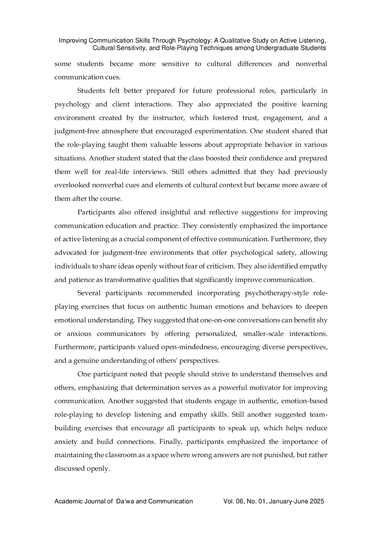 JURIS Improving Communication Skills Through Psychology A Qualitative Study on Active Listening Cultural Sensitivity and Role Playing Techniques among Undergraduate Students